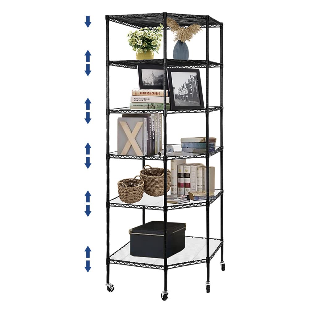 6-Tier Adjustable Corner Shelf with Wheels - Heavy Duty Metal Wire Storage Rack for Kitchen, Bathroom, Laundry, Pantry & Closet Organization (27