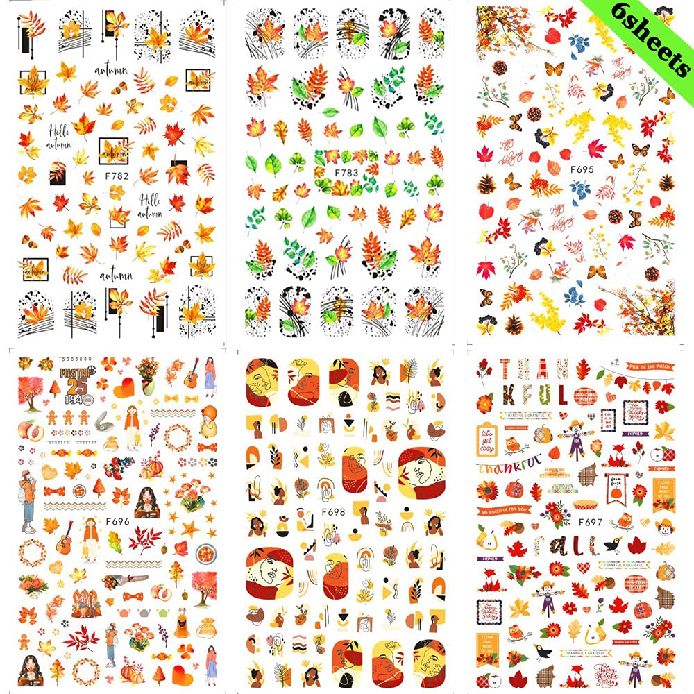Fall Nail Art Stickers - 3D Self-Adhesive Maple Leaf Nail Decals for Thanksgiving & Autumn Nail Designs | 6 Sheets of Nail Foil Stickers for Acrylic Nails, Perfect for Thanksgiving Day Decorations & Seasonal Nail Art