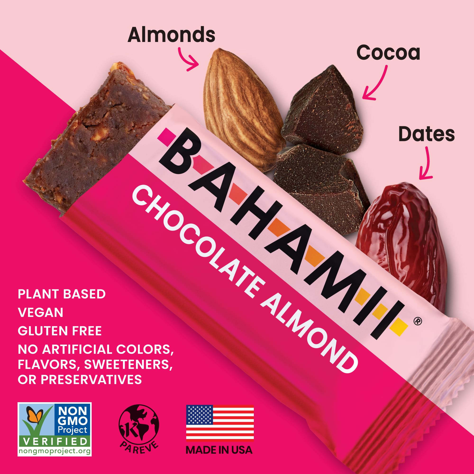 Organic Bahamii Nuts & Date Bars - Healthy Gluten Free Snacks with 0g Added Sugar | Low Calorie, Plant Based, Kosher Certified | Perfect for Diabetics, On-the-Go Energy & Post-Workout Recovery (12 Pack, Chocolate Almond Flavor)
