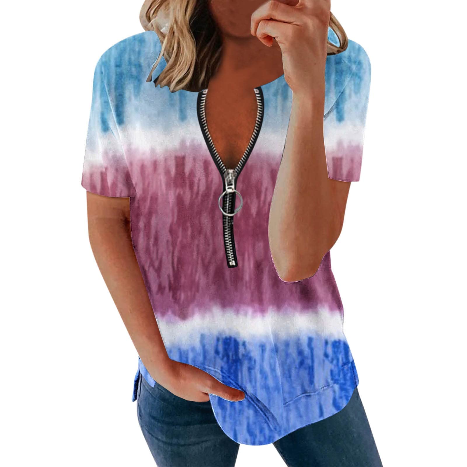 Trendy Women's Summer Tops 2022 - Loose Comfortable V-Neck Zip Print Blouse with Short Sleeves | Casual Going Out Shirts for Women | Perfect for Beach, Vacation & Daily Wear