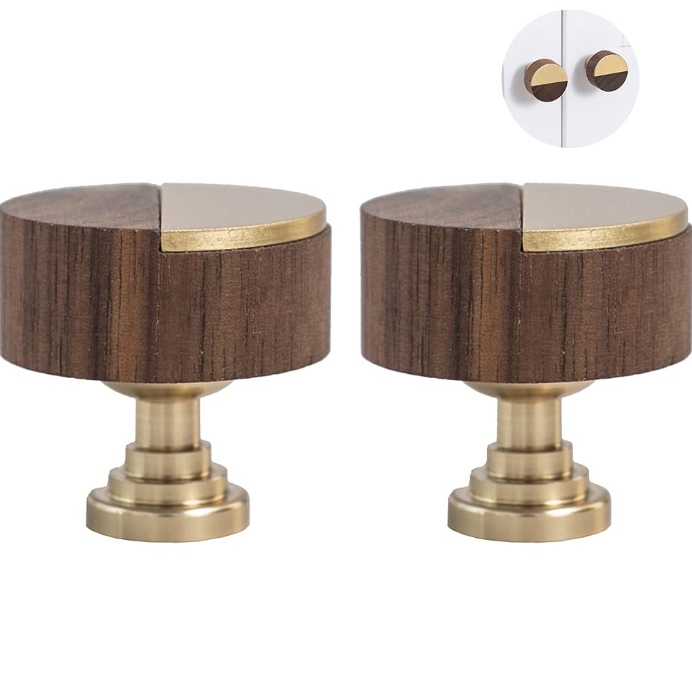 2Pcs Brass & Walnut Cabinet Knobs - Round Drawer Pulls for Kitchen & Furniture Hardware