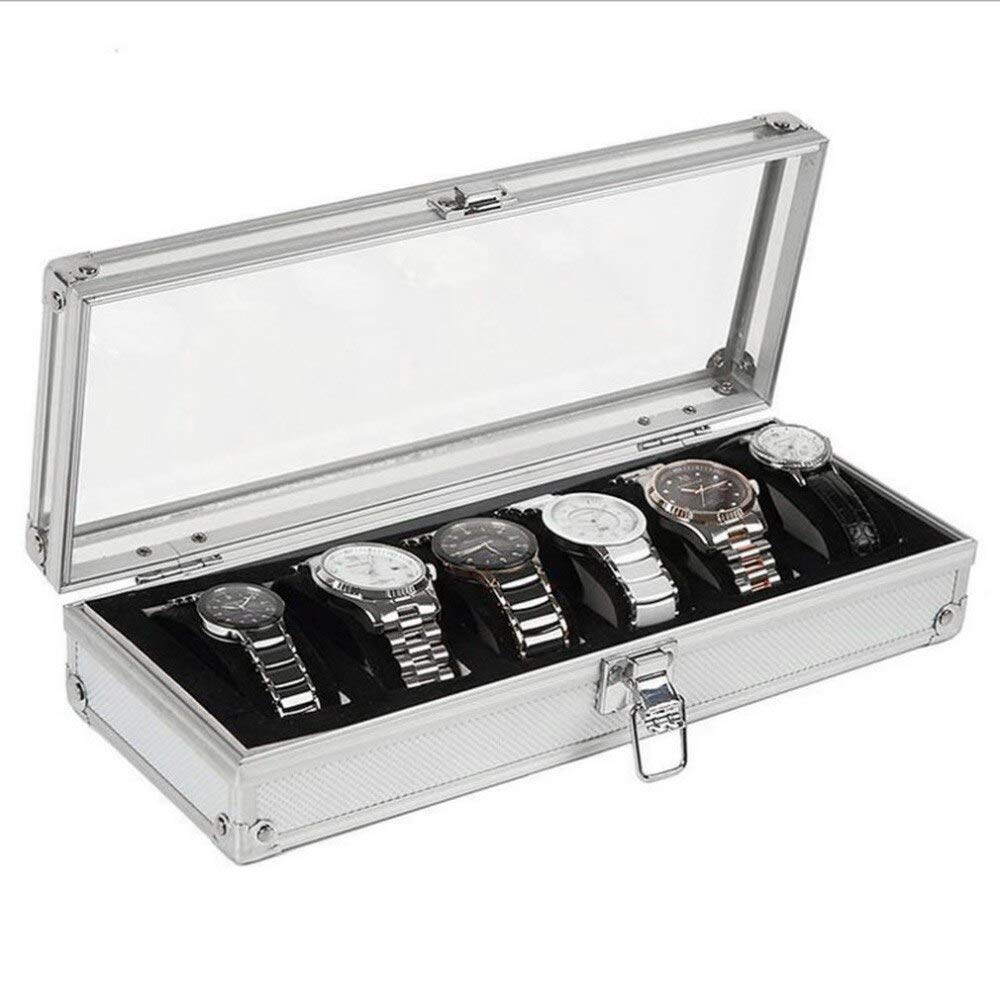 6-Slot Glass Insert Watch Box - Premium Aluminum Jewelry Organizer & Display Case for Watches, Rings, Necklaces - Perfect for Home Decor, Gift Giving, and Watch Collection Storage