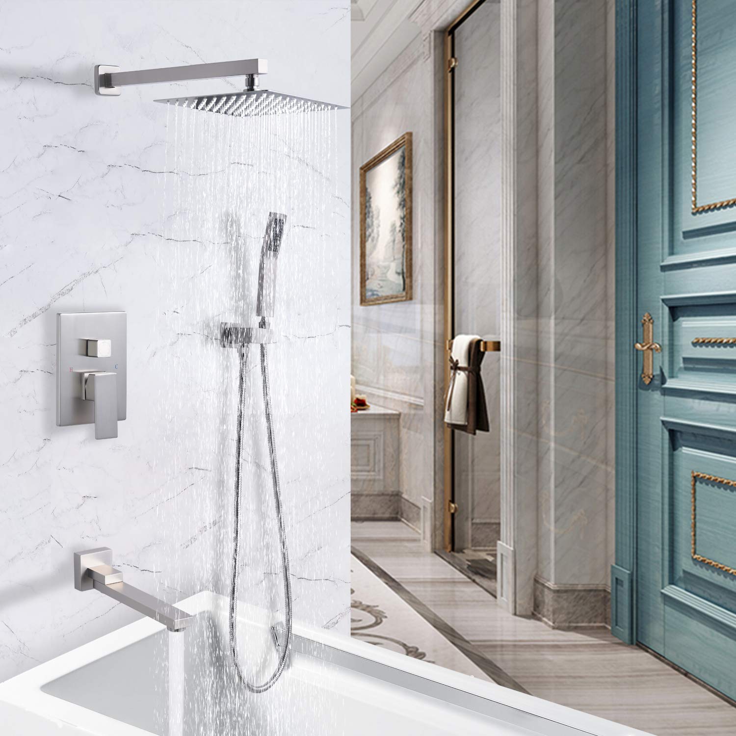 Premium Brushed Nickel Shower System Combo Set - 10 Inch Square Rainfall Shower Head, Mixer Valve & Tub Spout - Luxury Bathroom Upgrade for Spa-Like Experience (Perfect for Master Bathrooms & Modern Home Renovations)