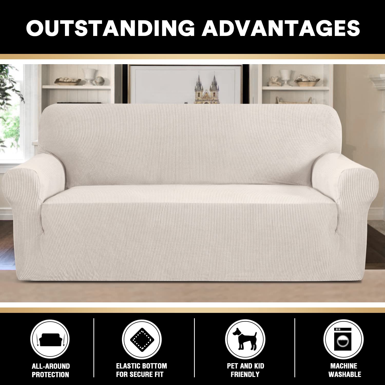 PrinceDeco Washable Fitted Sofa Slipcover for 3-Cushion Couches - Pet Friendly Oversized Couch Cover, Furniture Protector Stays in Place (XL, Ivory) - Perfect for Living Rooms, Family Rooms & Pet-Friendly Homes