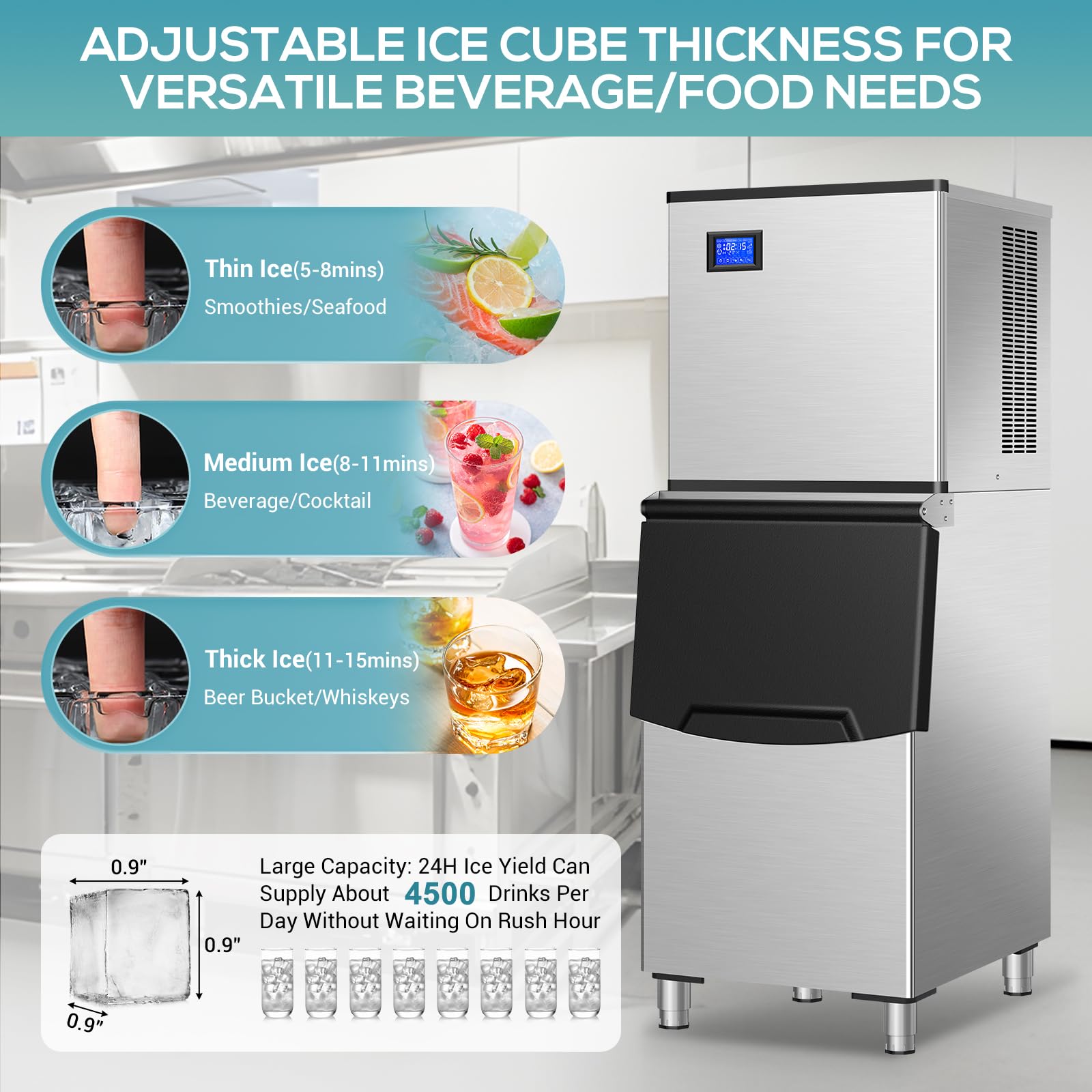 Commercial Ice Maker Machine 550Lbs/24H, Stainless Steel Industrial Ice Machine with 350Lbs Storage Bin - Makes 156 Clear Ice Cubes in 11 Minutes - Freestanding Ice Maker for Restaurants, Bars, Cafes, Hotels & Large Family Gatherings - Perfect for Cocktails, Beverages & Food Preservation