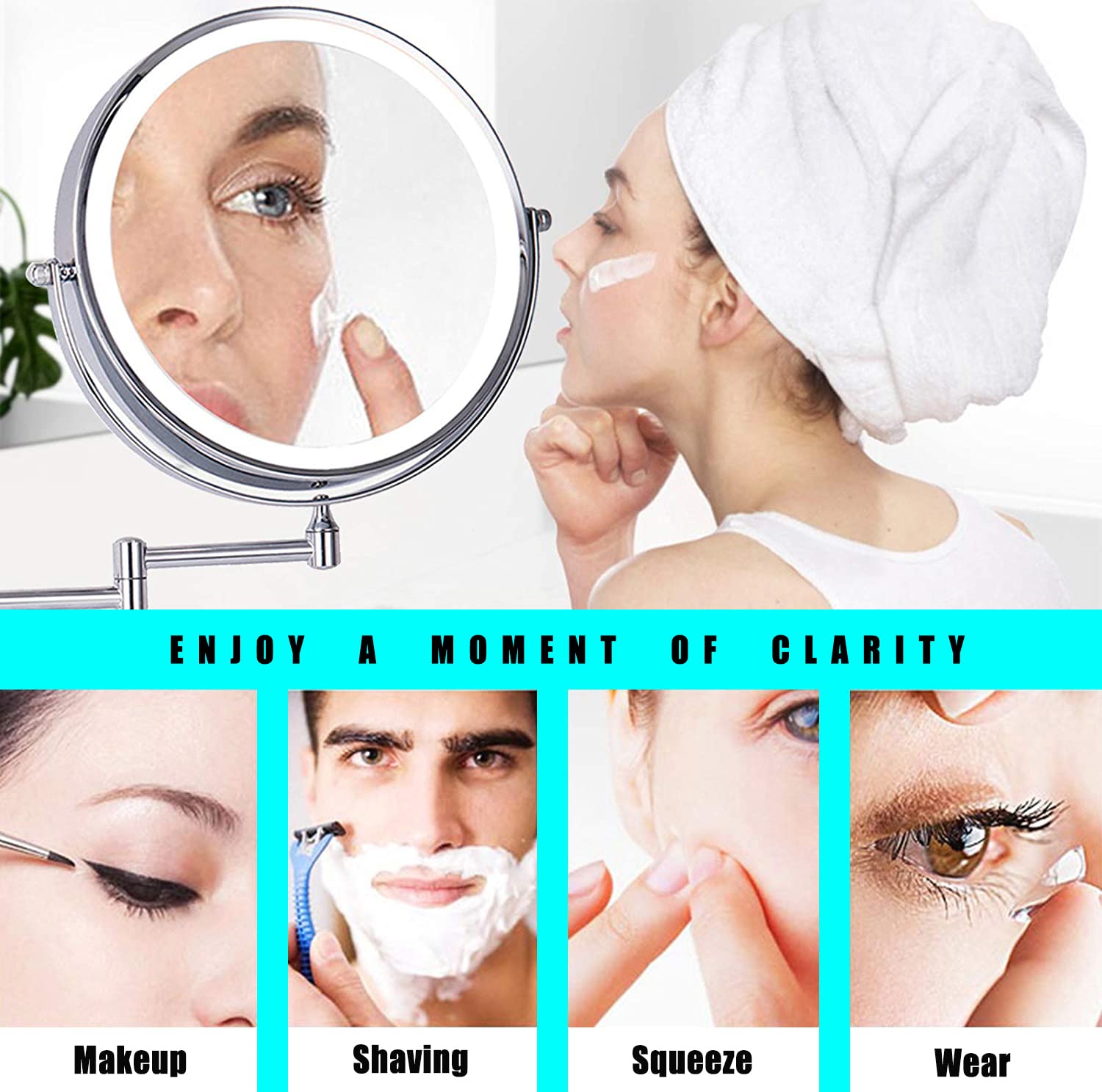 8 Inch LED Wall Mount Two-Sided Magnifying Makeup Vanity Mirror - 12 Inch Extension, 1X/3X Magnification, 360 Degree Rotation, Waterproof, Chrome Finish - Perfect for Shaving, Makeup Application, and Grooming in Bathroom or Dressing Room