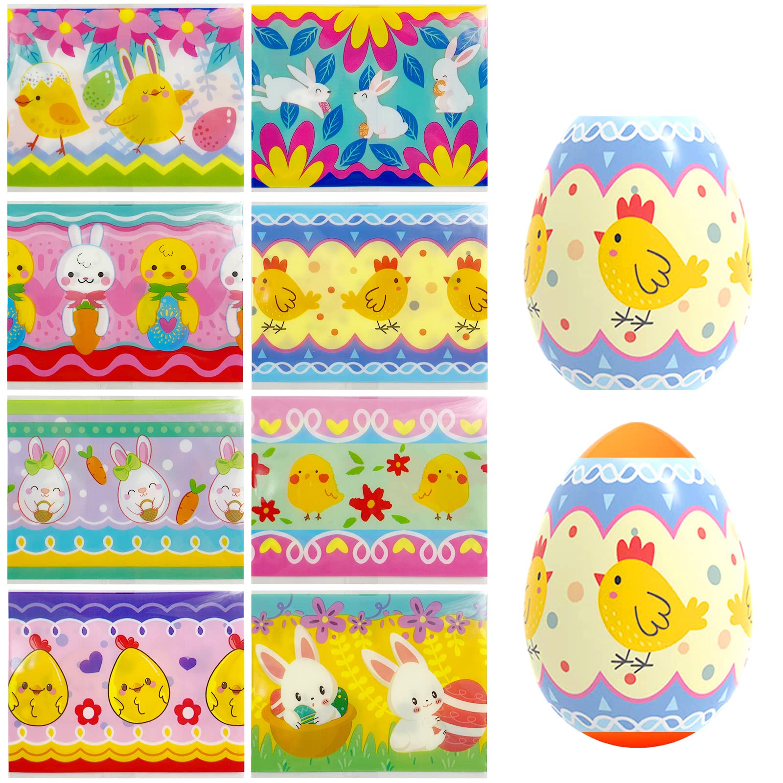 50 Pack Glow in the Dark Easter Egg Wraps - Heat Shrink Plastic Sleeves for 2.4 Inch Easter Eggs, Bunny Chicken Egg Decorations - Perfect for Easter Party Favors, Egg Hunt Decor & Spring Festival Crafts