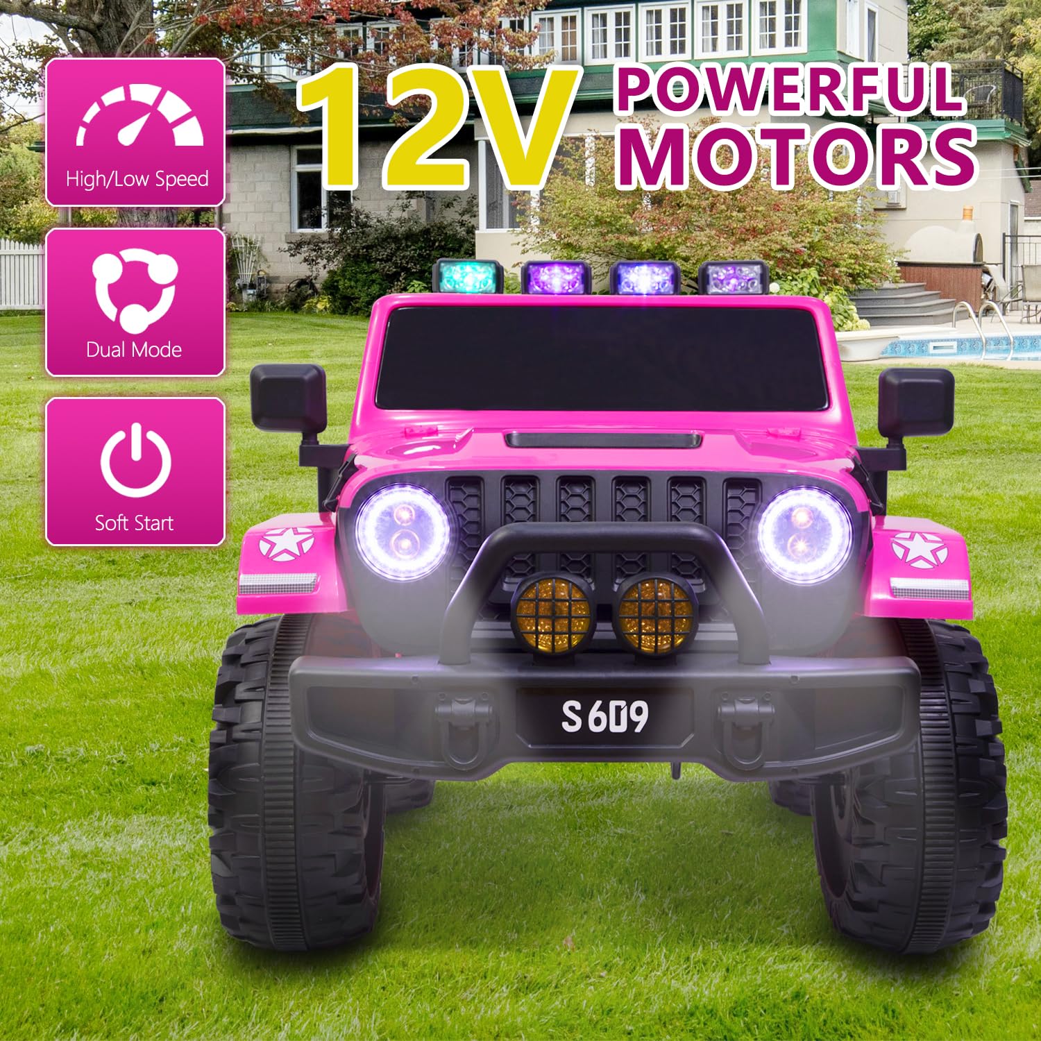 MOLACHI 12V Kids Ride-On Truck - 2 Seater Electric Toy Car with Music, MP3 Player, Safety Belt & LED Lights | 3 Speed Adjustable Battery-Powered Vehicle for Boys & Girls (Pink) | Perfect for Indoor Playrooms & Outdoor Backyard Fun