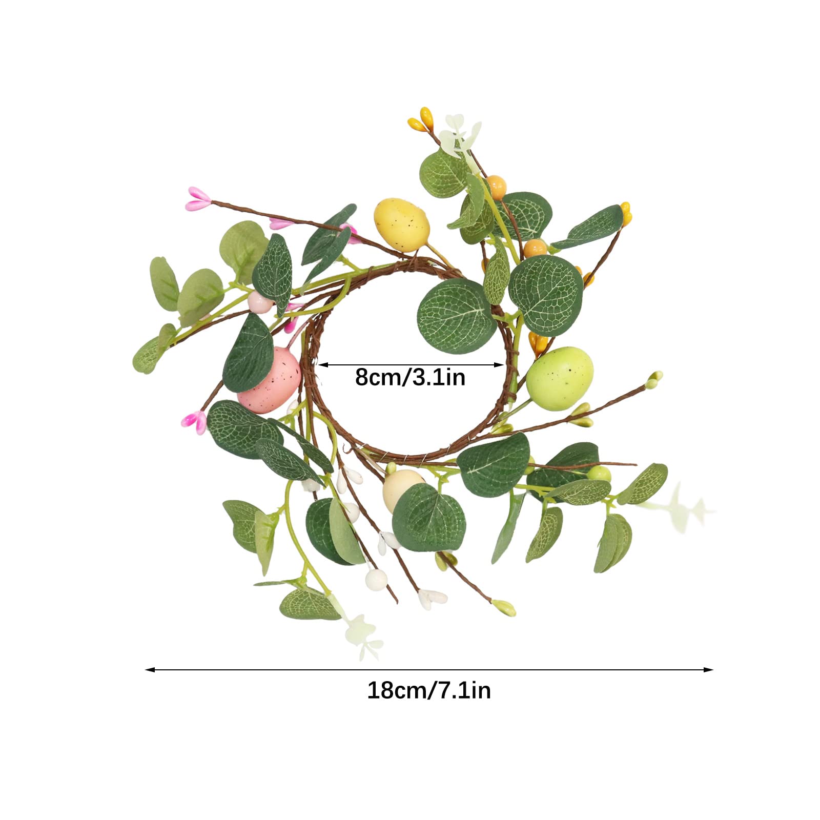 BEIJIALY 4-Pack Easter Candle Rings - Farmhouse Style Artificial Wreaths with Easter Eggs & Pip Berries for Table Decor - Green (Perfect for Easter Holiday Centerpieces, Spring Home Decor & Farmhouse Themed Parties)