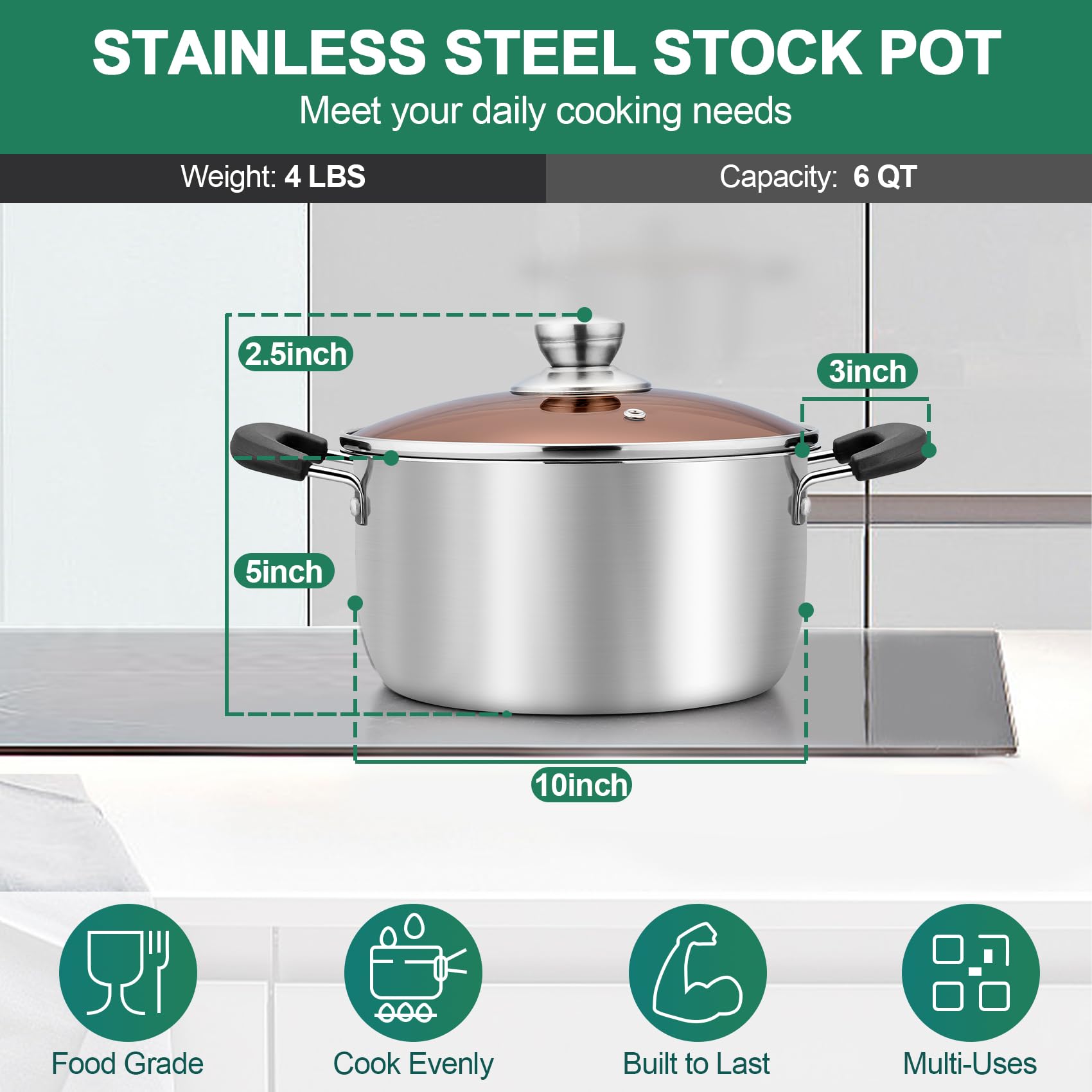 **TeamFar 6 Quart Stainless Steel Stock Pot with Lid – Pasta & Soup Cooking Pot, Double Bakelite Heat-Resistant Handles, Tempered Glass Lid – Dishwasher Safe, Non-Toxic, Easy Clean – Perfect for Home Cooking, Meal Prep & Large Gatherings**