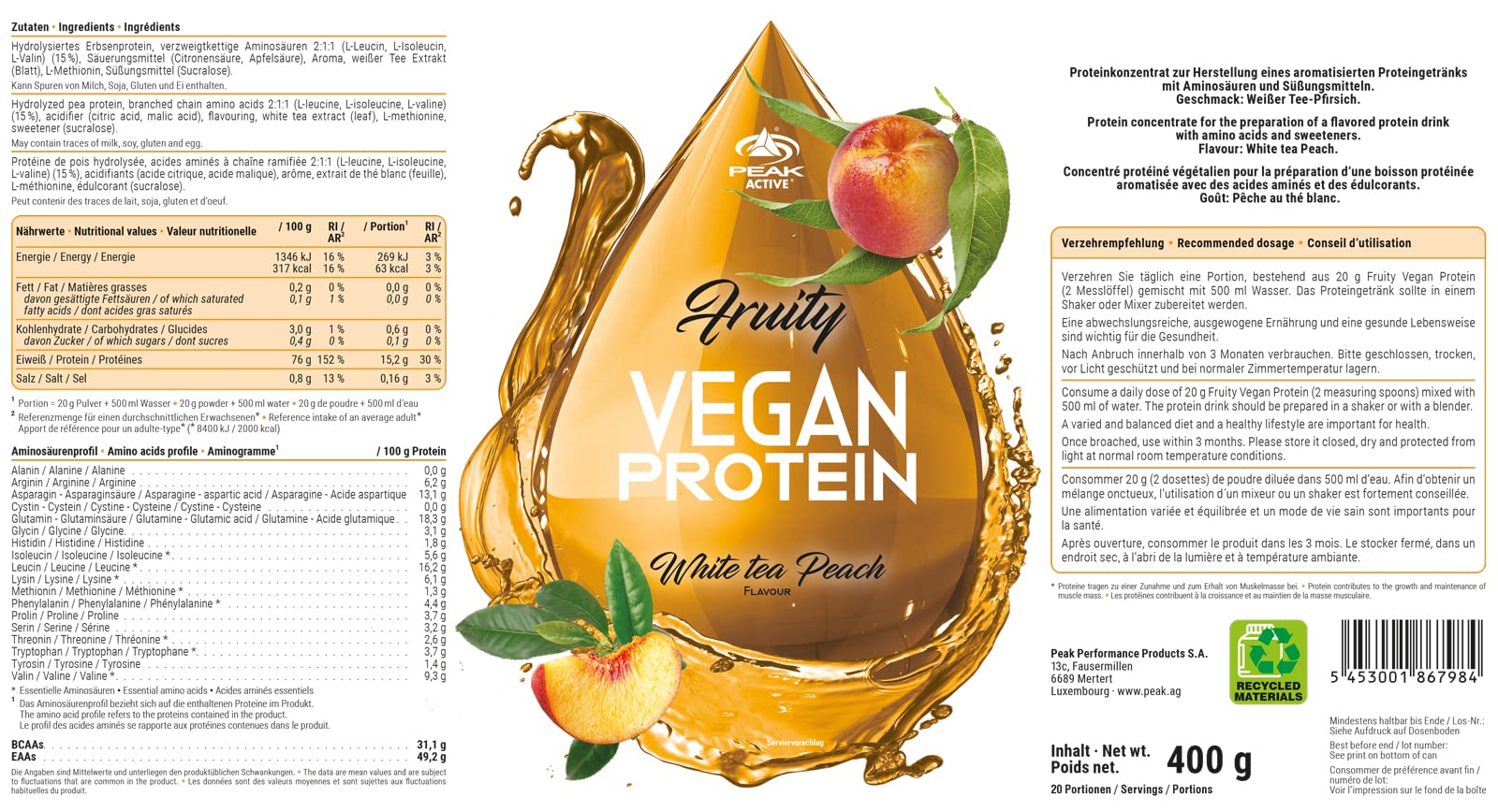 PEAK Fruity Vegan Protein Powder - 400g White Tea Peach Flavor | 20 Servings | Clear Protein Drink | Pea Protein + BCAA Amino Acids | Perfect Solubility | Vegan Protein Supplement for Workout Recovery & Healthy Lifestyle