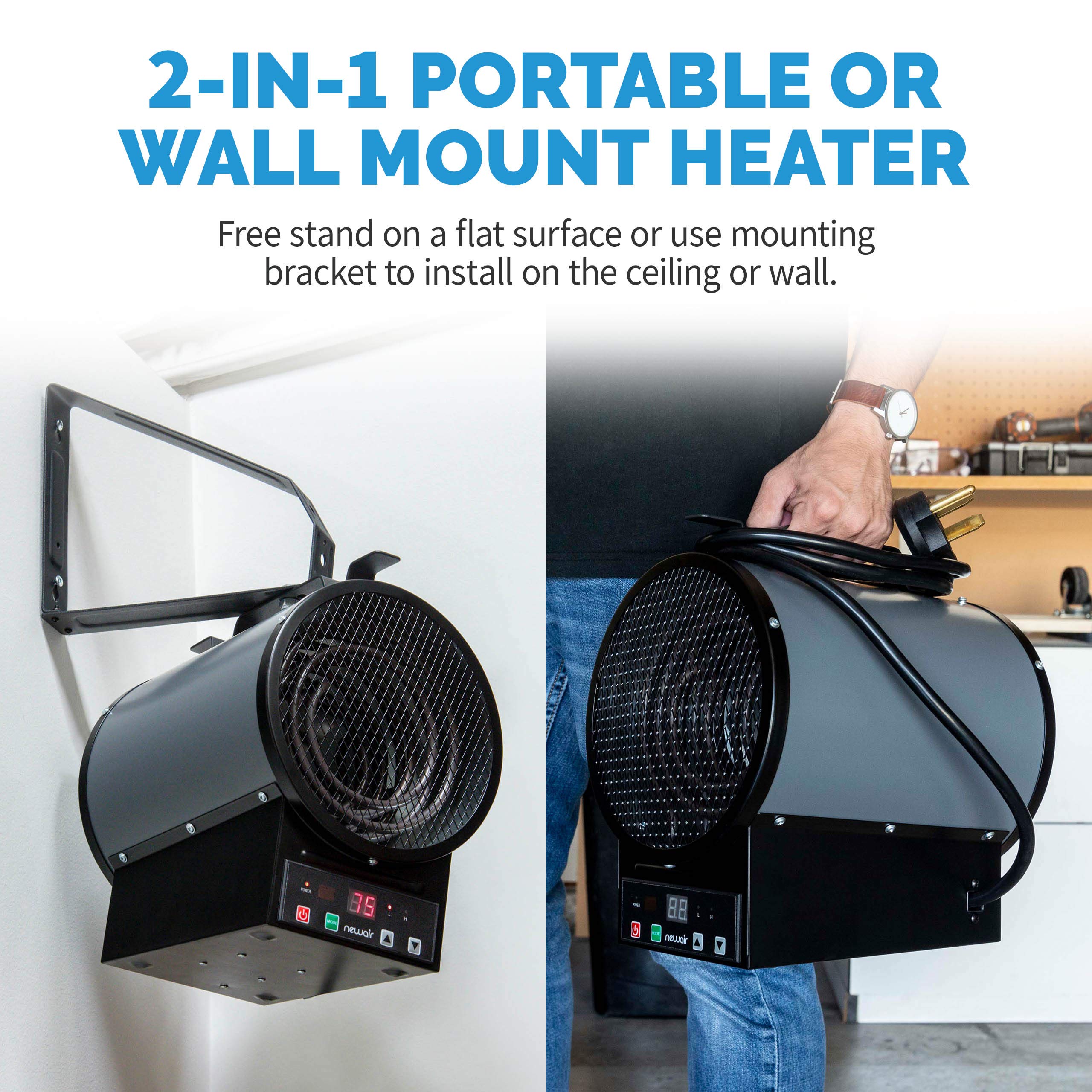 NewAir 240V 2-in-1 Freestanding or Wall/Ceiling Mount Electric Garage Heater - 500 Sq.Ft Coverage with Remote Control - Ideal for Garages, Workshops, Basements & Outdoor Spaces
