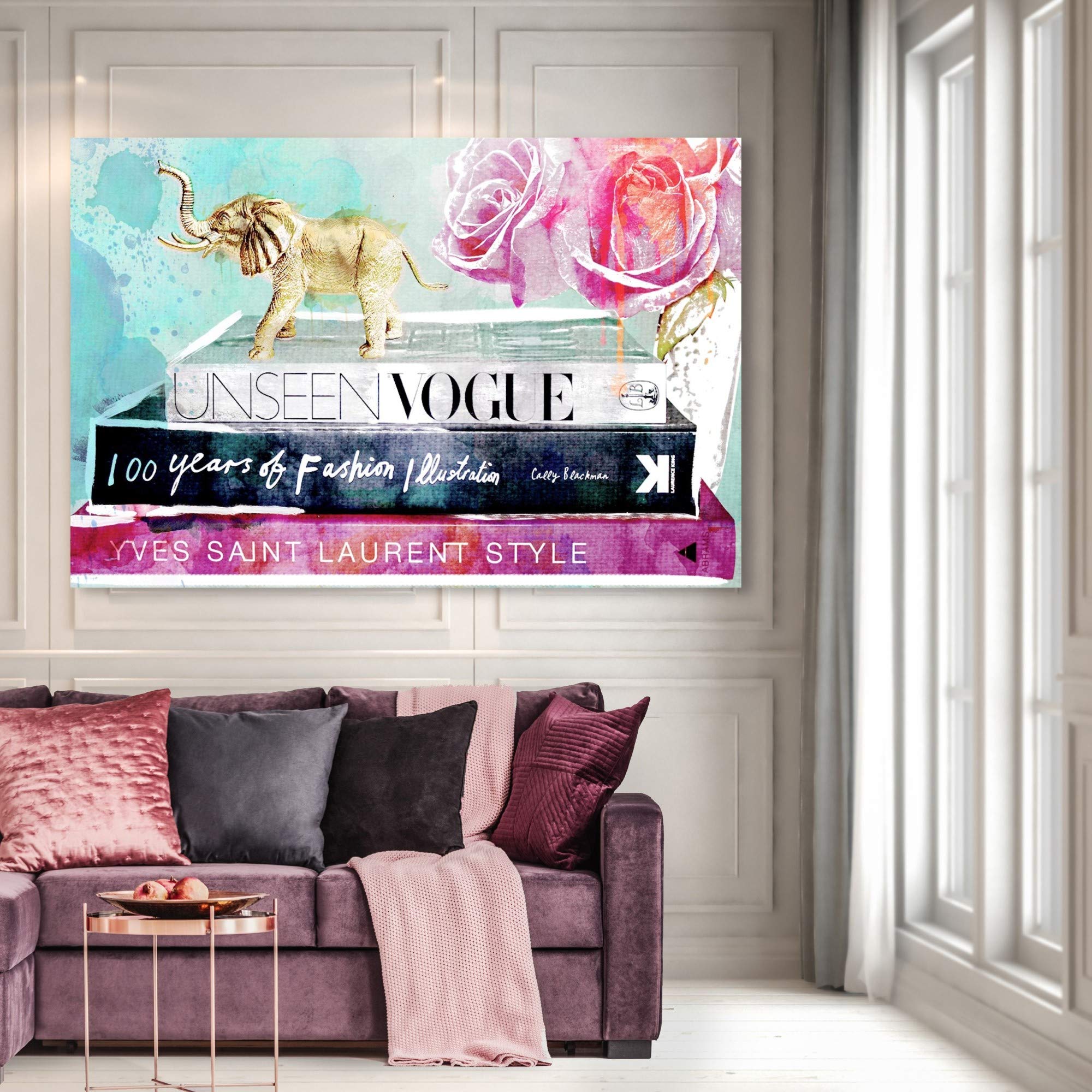 Fashionista Library Wall Art Canvas Print - 54x36 Inches Pink & Blue Fashion Book Decor for Living Room, Bedroom, Office