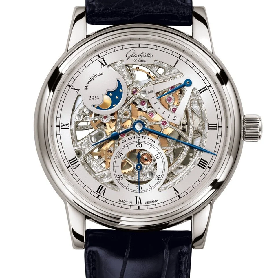 Glashutte Original Senator Moon Phase Skeletonized White Gold Men's Watch - Luxury Dress Watch for Business & Formal Occasions