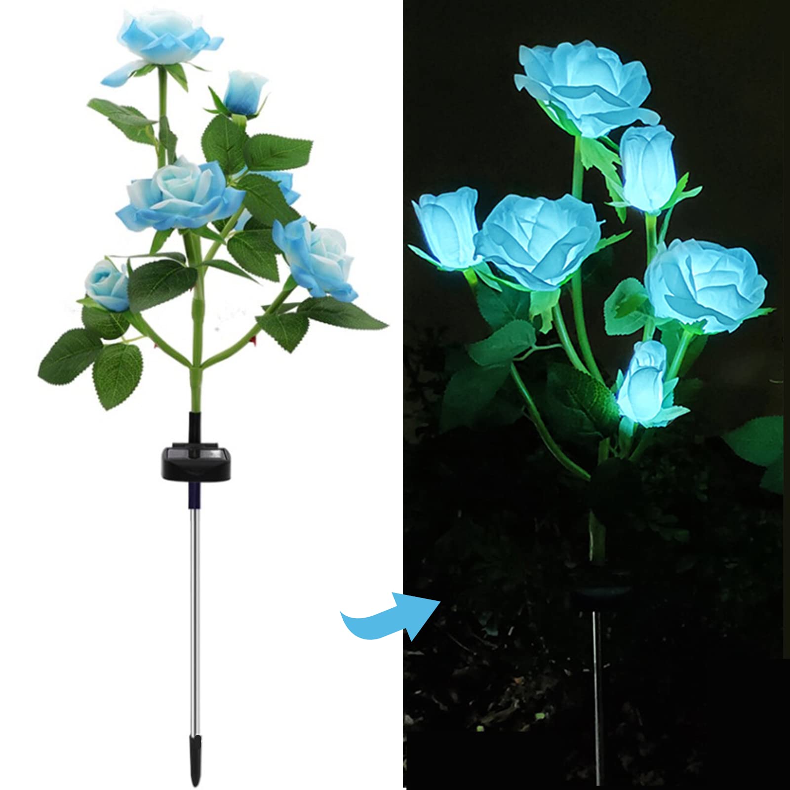 Solar Garden Lights with 6 Rose Flowers - Waterproof LED Landscape Lights for Yard, Patio & Pathway Decoration (Blue, 1 Pack) - Perfect Outdoor Lighting