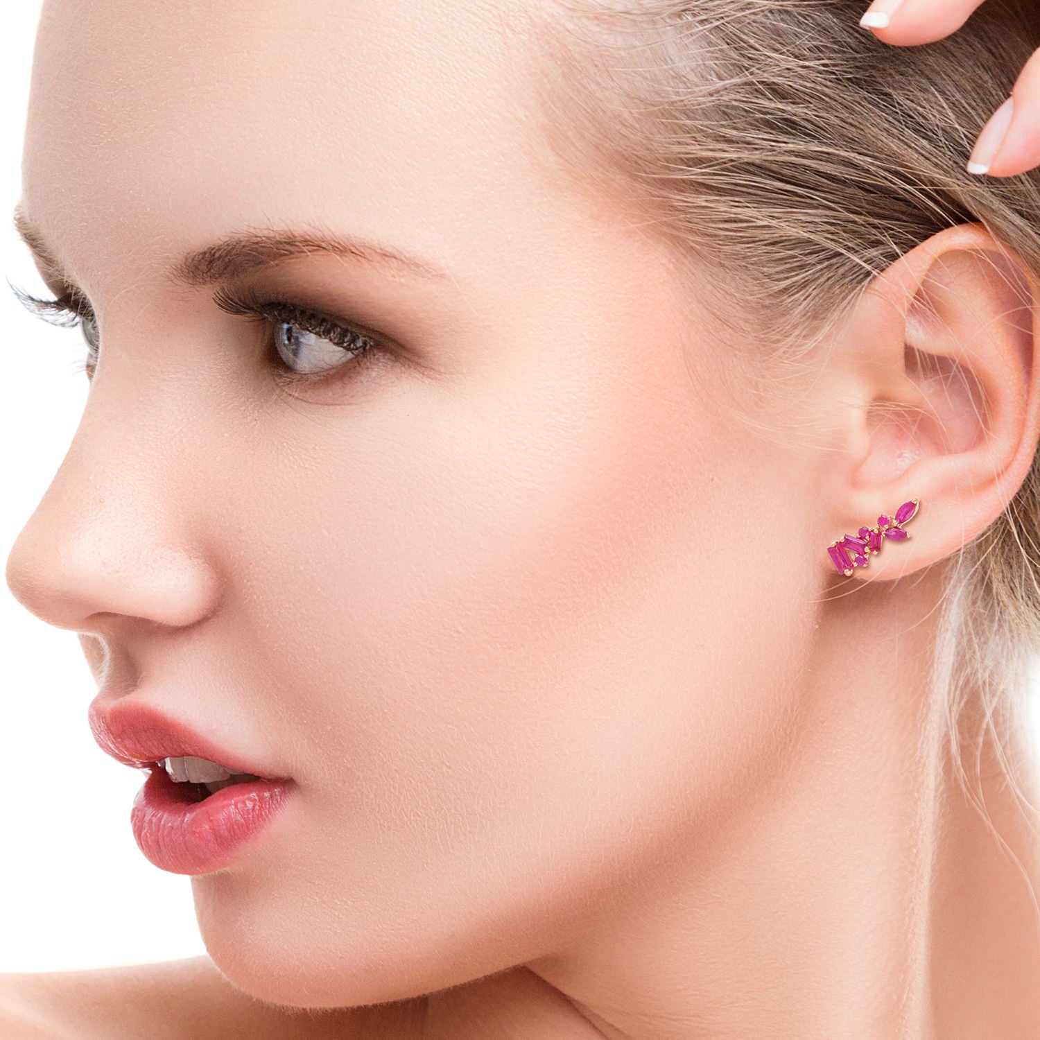 18K Rose Gold Marquise Baguette Round Ruby July Birthstone Mini Stud Earrings - Perfect for Birthdays, Anniversaries & Special Occasions