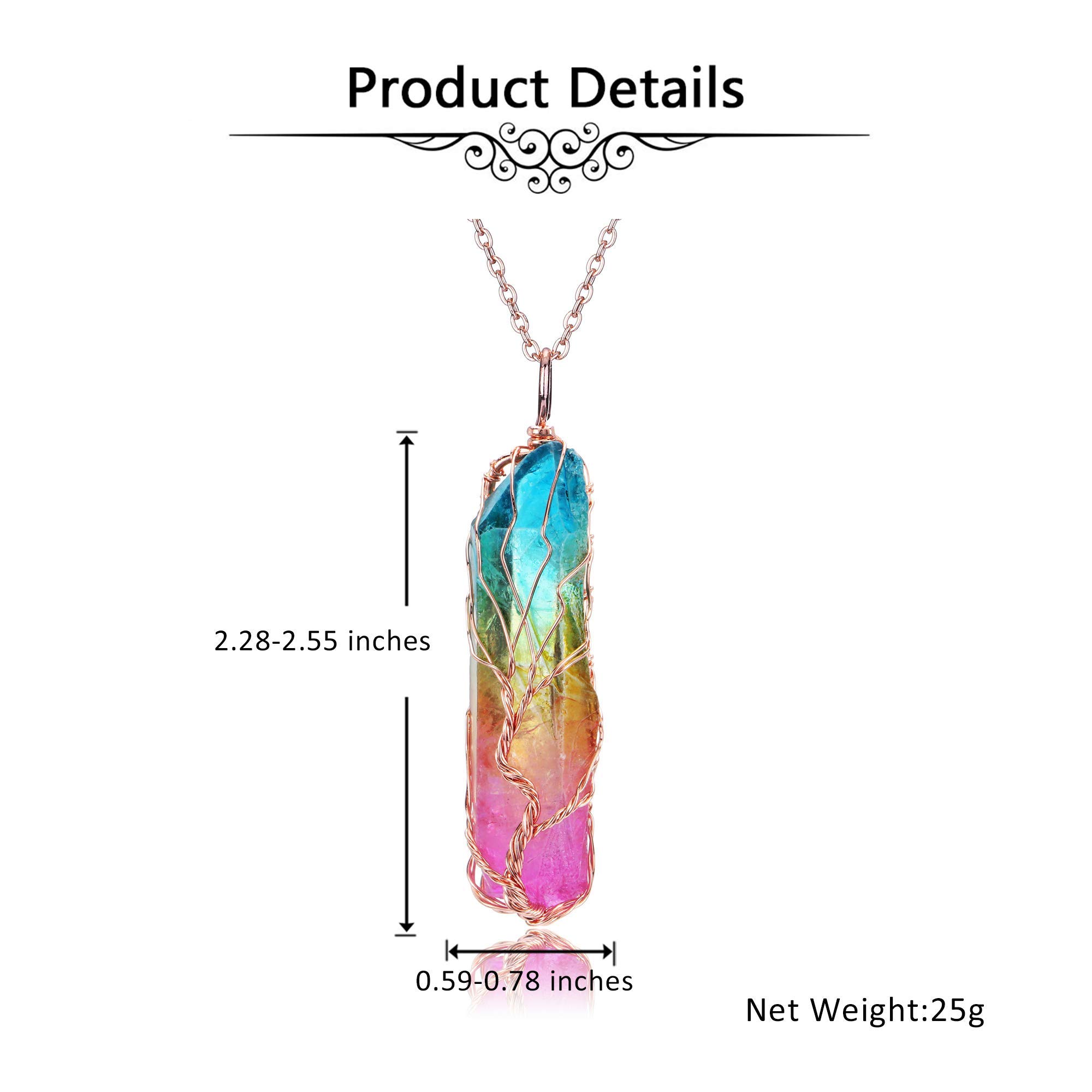 Jovivi 2-Piece Crystal Necklace Set - Rose Gold Plated Rose Flower Wrapped Natural Rose Quartz & Titanium Coated Rainbow Rock Quartz Chakra Necklaces for Healing, Energy Balancing & Spiritual Wellness | Perfect for Meditation, Yoga, Reiki & Gift Giving