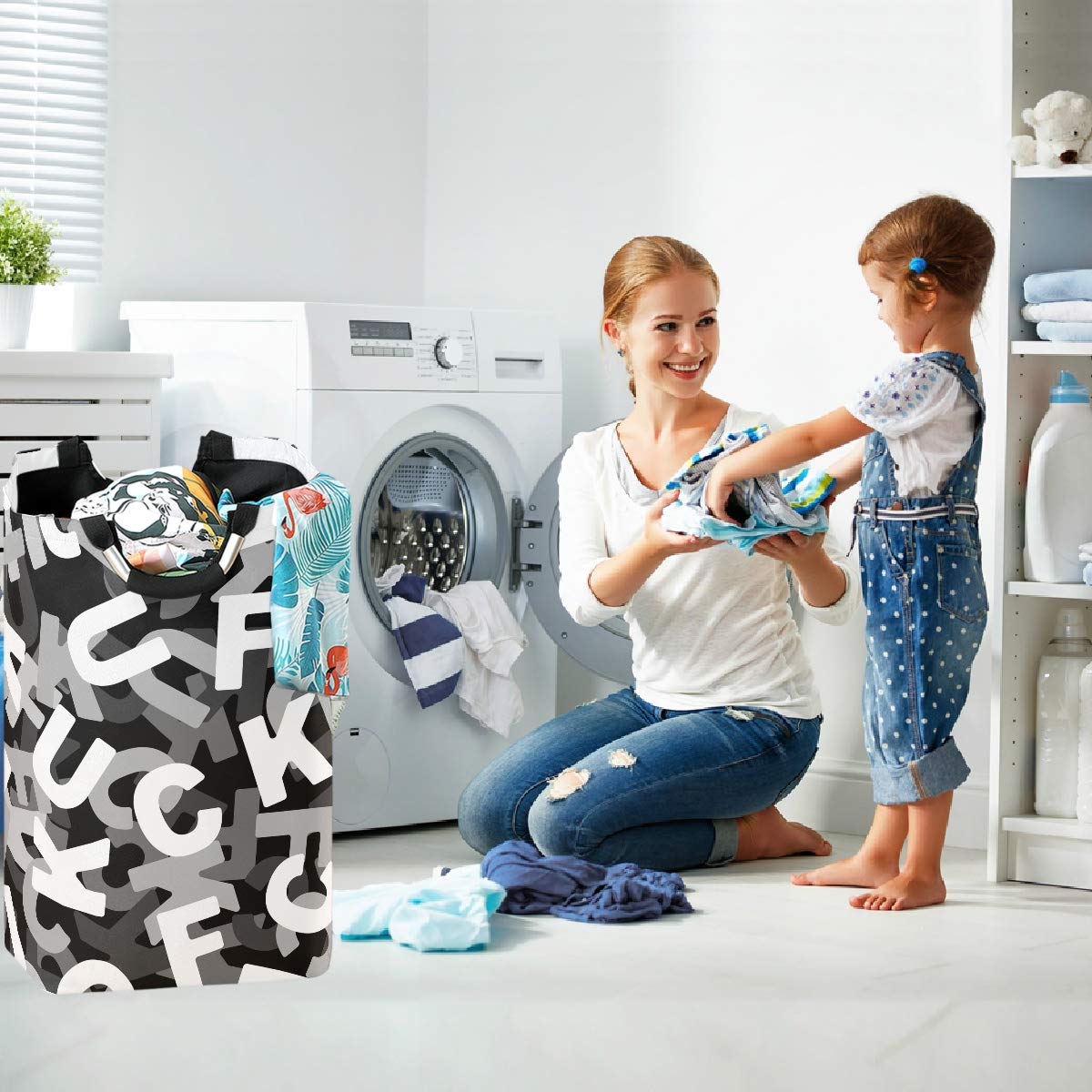 Funny Letter Pattern Large Laundry Bag - Collapsible Oxford Fabric Laundry Hamper with Handles, Foldable Portable Dirty Clothes Basket, Waterproof Washing Bin & Laundry Tote Bag for College Dorm, Travel, Camping & Home Organization
