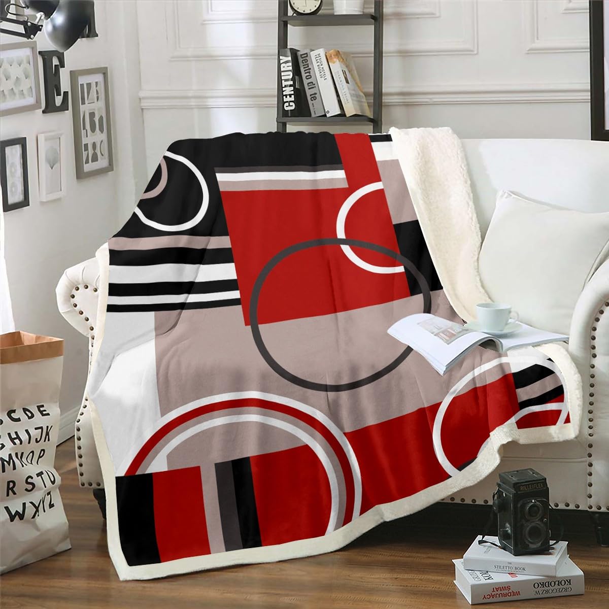 Erosebridal Modern Geometric Fleece Throw Blanket - Red Grey Black Stripes with Retro Circle Swirls, Soft Sherpa & Abstract Texture, 50