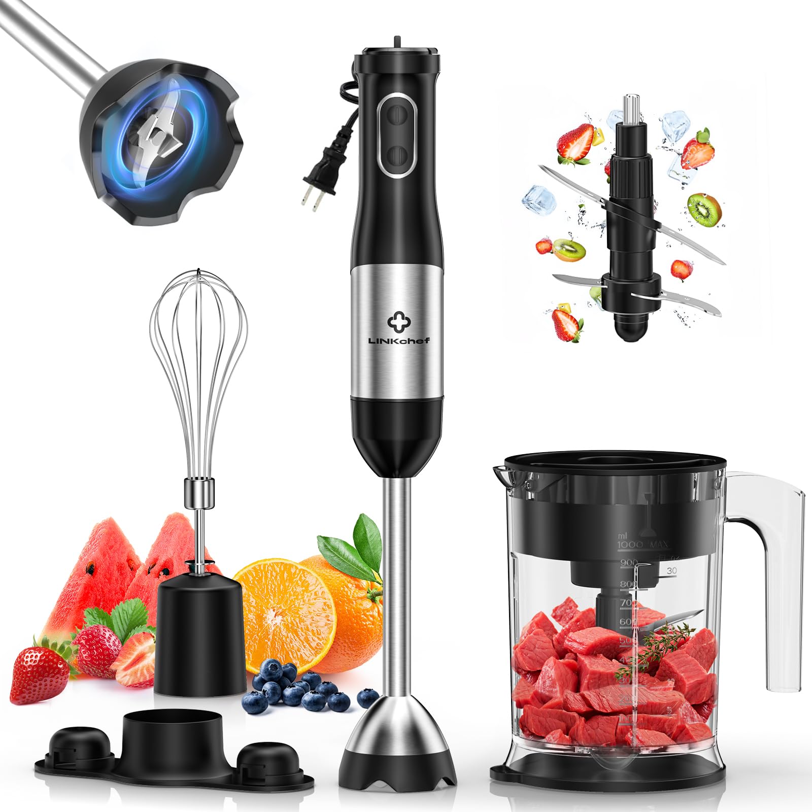 LINKChef 800W 4-in-1 Immersion Blender Handheld with Titanium Steel Blades, 20 Speeds & Turbo Mode - Includes Whisk & Food Processor - Perfect for Smoothies, Soups, Sauces & Baby Food