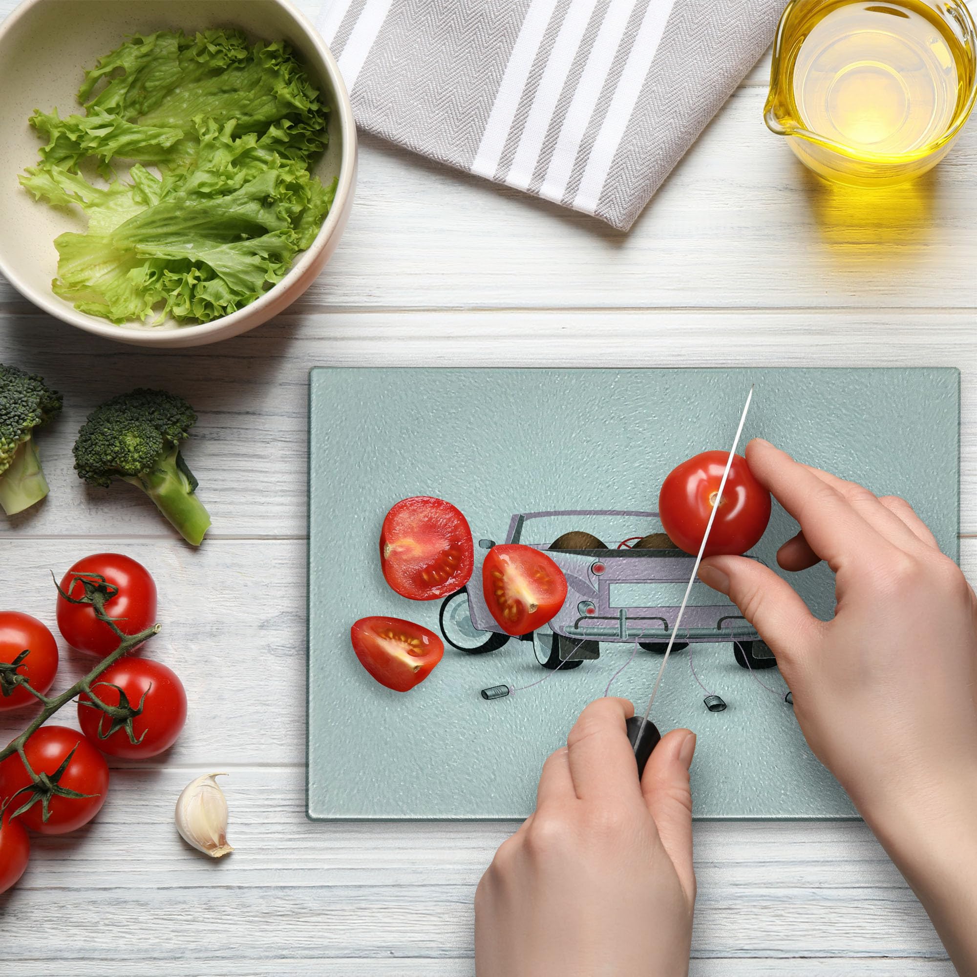 Ambesonne Cars Themed Wedding Cutting Board - Just Married Open Roof Top Car Love Print for Bride & Groom - Decorative Tempered Glass Serving Board - Small Size Pink & White - Perfect for Wedding Gifts, Bridal Showers & Kitchen Decor