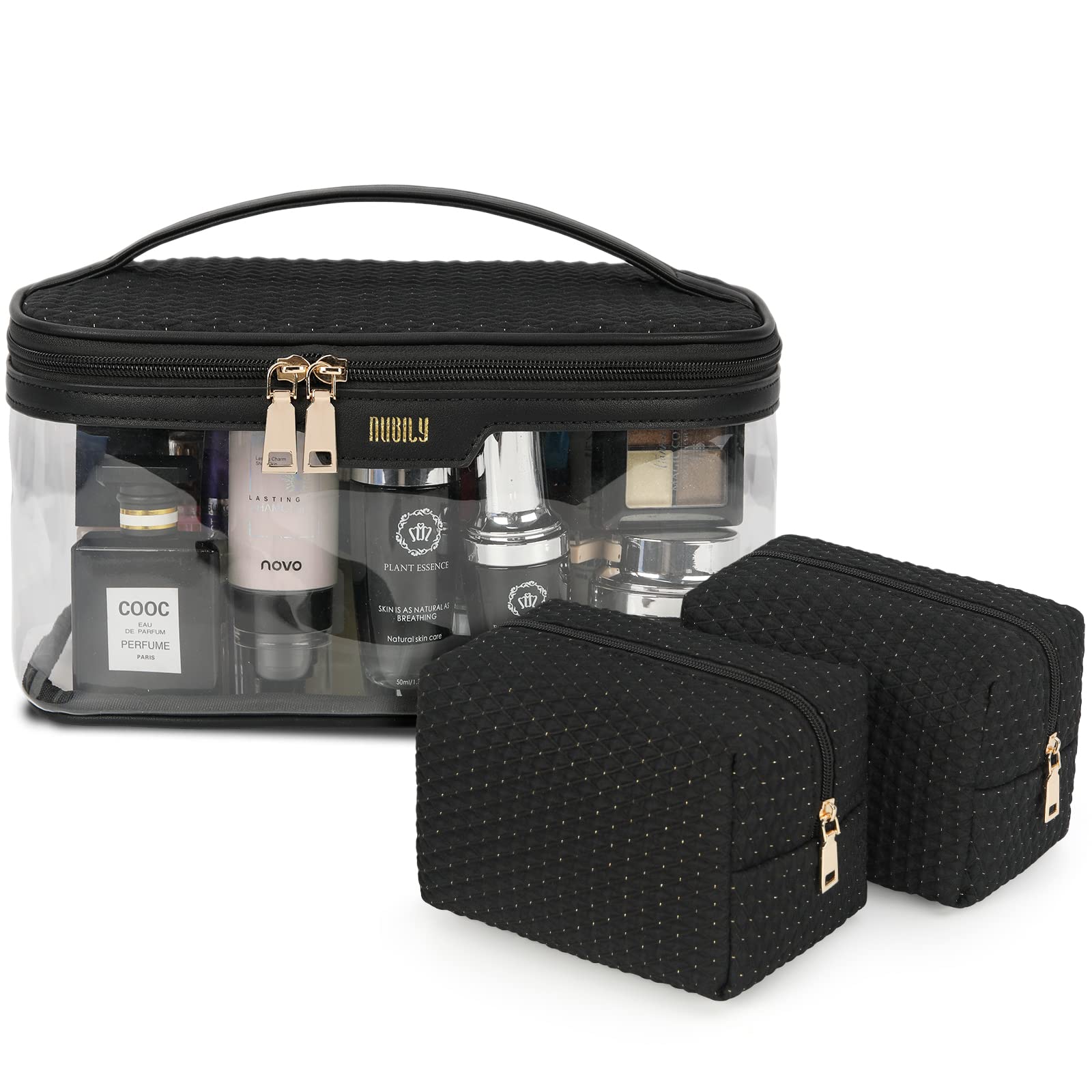 3-Piece Clear Travel Makeup Bag Set for Women & Girls - Waterproof Cosmetic Organizer with Handle, Black | Perfect for Toiletries, Cosmetics & Travel Essentials