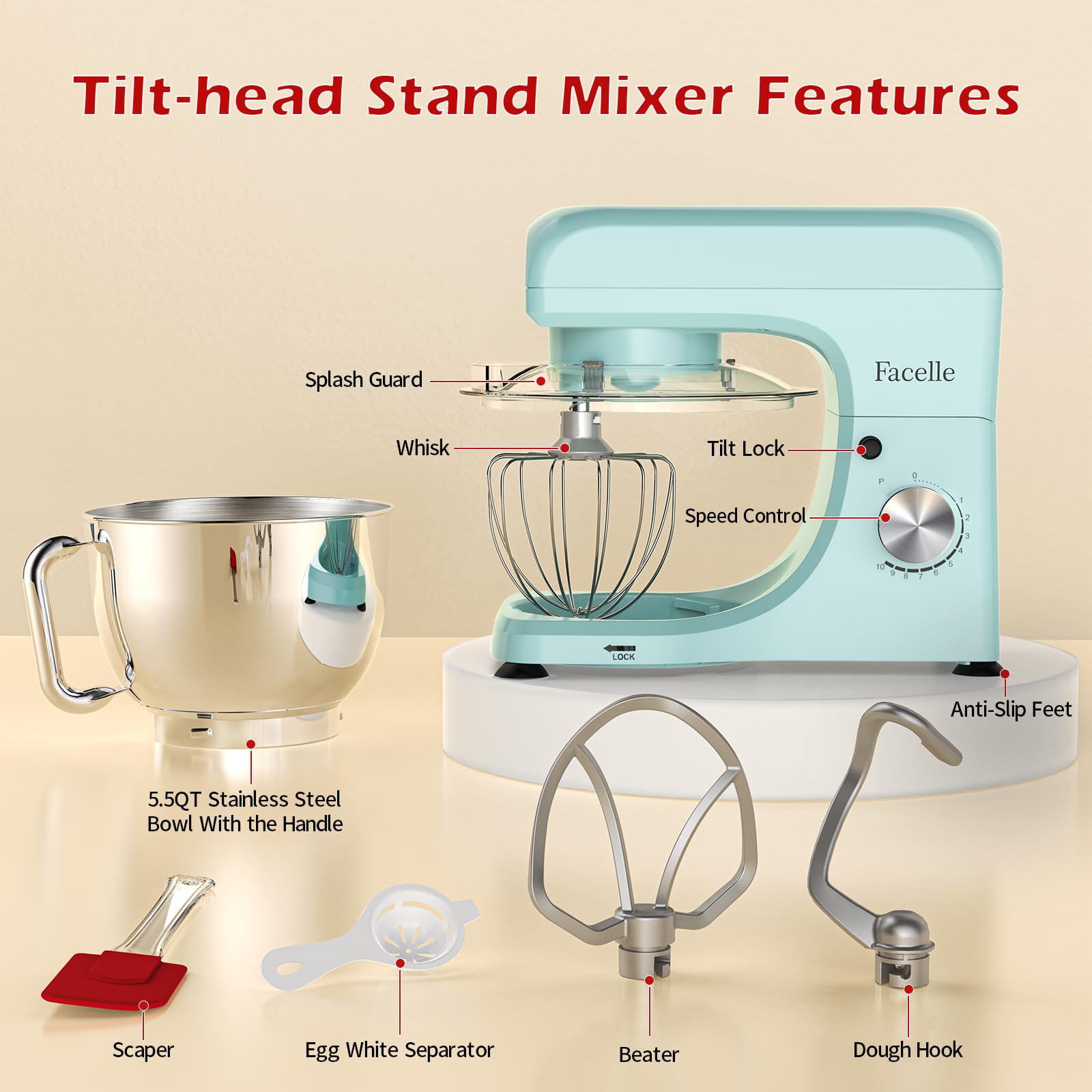 Facelle 5.5Qt Stand Mixer - 10+ Speed Tilt-Head Electric Kitchen Mixer with Stainless Steel Bowl, Dough Hook, Whisk & Beater - Perfect for Baking Cakes, Cookies, Bread & More - Ideal for Home Bakers & Professional Chefs