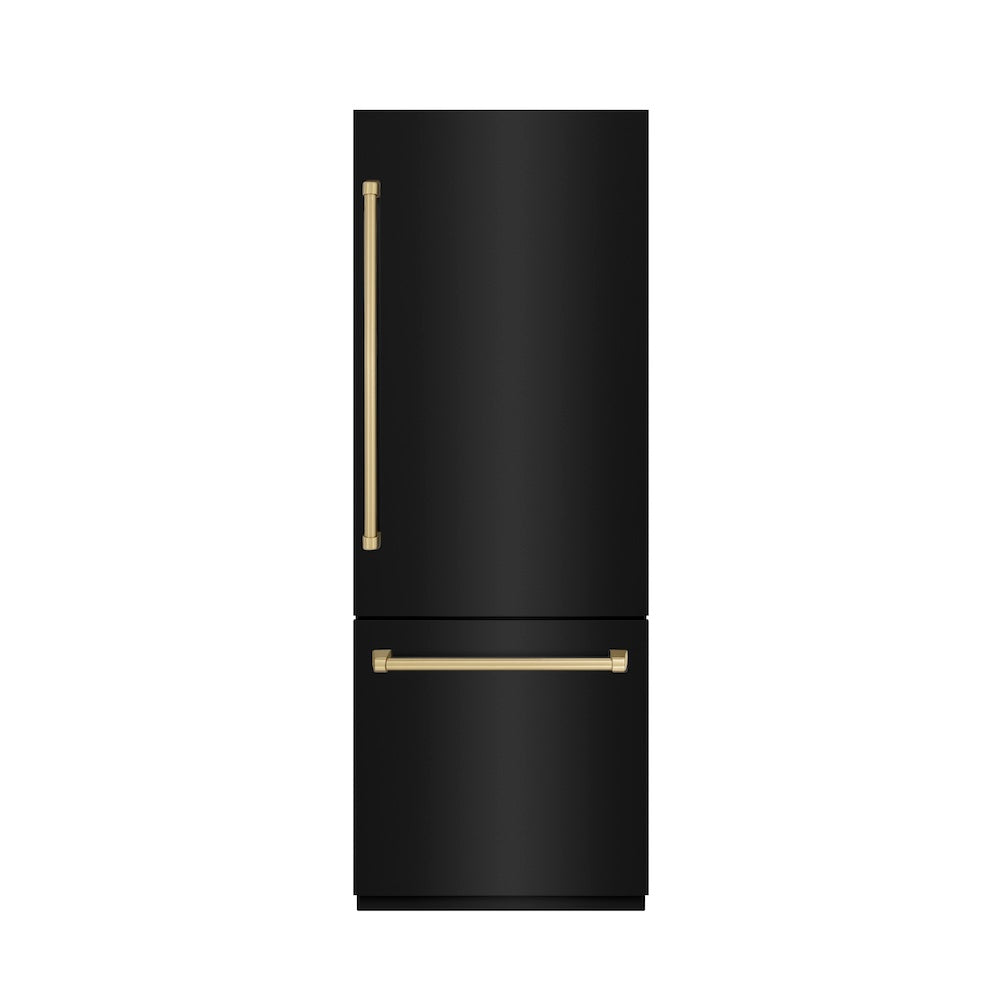 ZLINE Autograph Edition 30 Inch Built-In Bottom Freezer Refrigerator - 16.1 cu ft Capacity, Black Stainless Steel with Graphite Gray Interior & Champagne Bronze Accents - Water Dispenser & Ice Maker - Perfect for Modern Kitchens & Open-Concept Homes (GRBIVZ BS 30 CB)