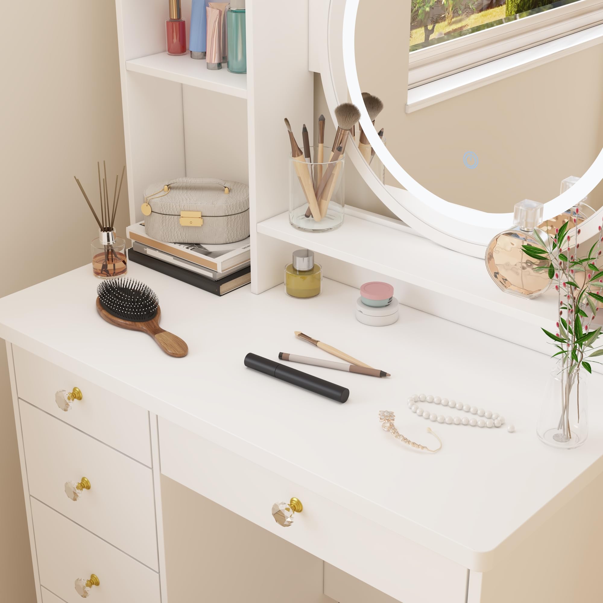 AIEGLE LED Lighted Vanity Desk Set with Round Mirror - 3 Color Adjustable Makeup Dressing Table with Open Shelves, Cushioned Stool & Storage Drawers | Perfect for Bedroom, Bathroom & Beauty Salon (White)