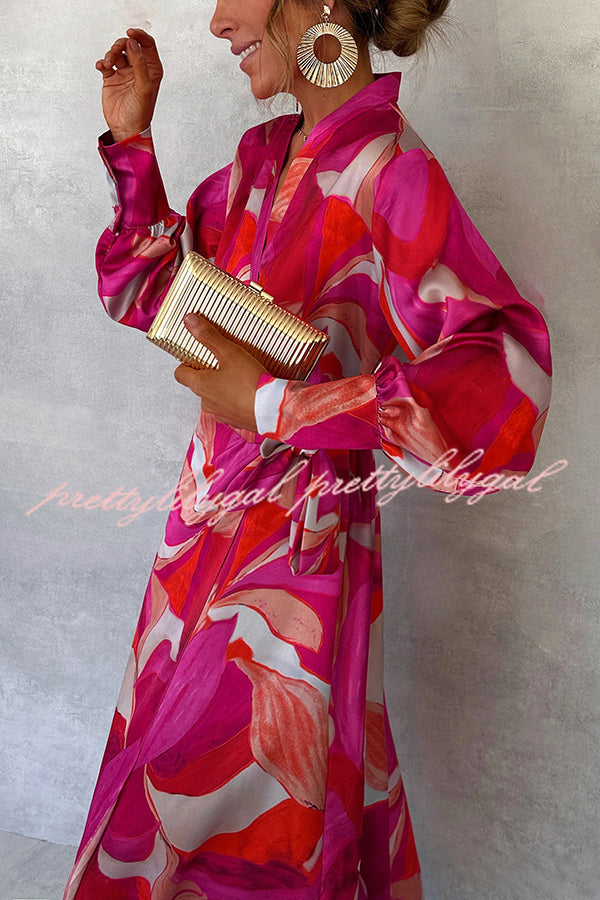 Stylish Printed Long Sleeve V-Neck Tie-Waist Slit Maxi Dress for Women | Boho Chic Flowy Summer Beach Dress | Perfect for Vacations, Parties & Date Nights