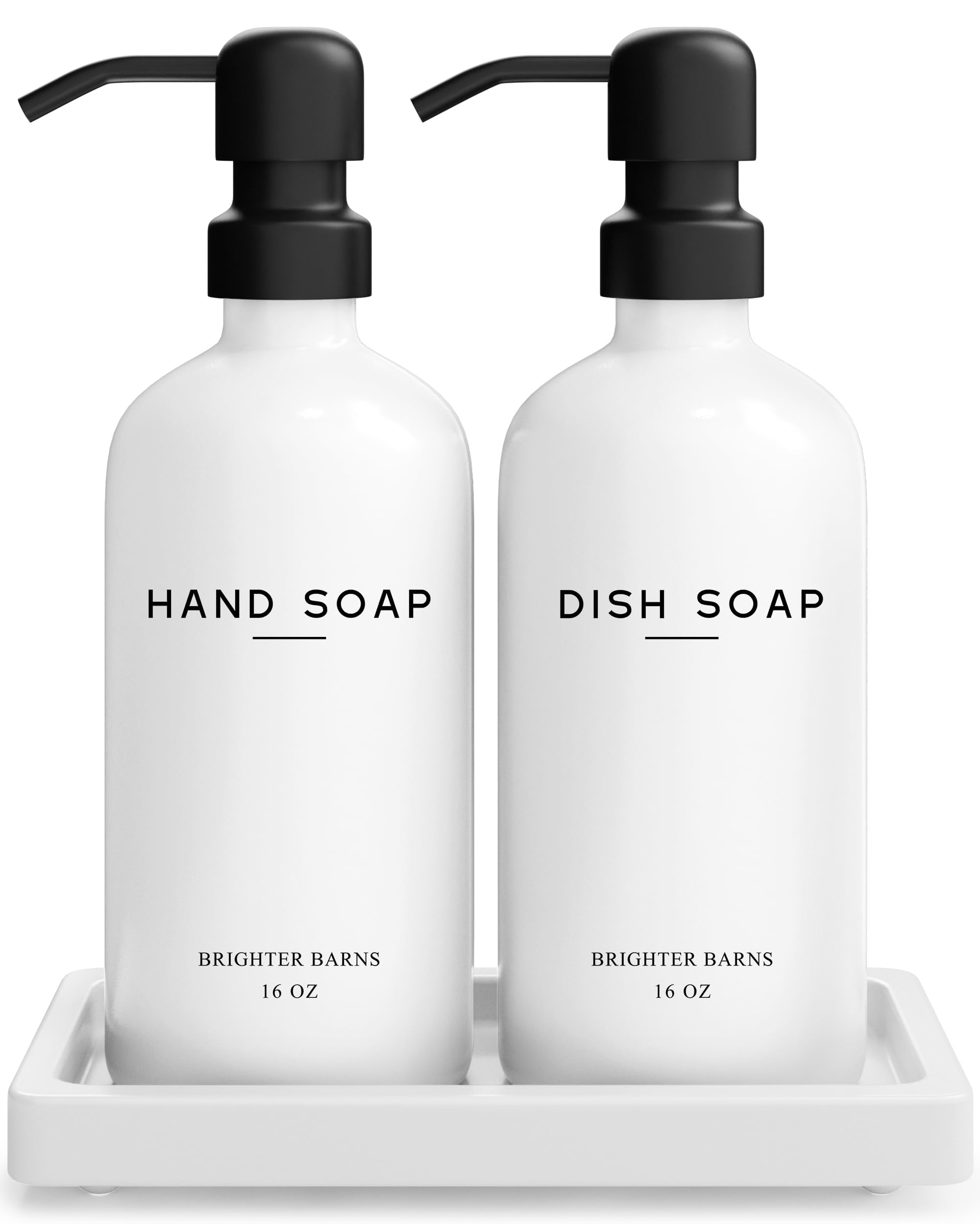 Brighter Barns White Glass Hand & Dish Soap Dispenser Set with Tray - Modern Kitchen Decor for Home, Vacation Rental & Restaurant Use - Elegant Soap Dispenser for Countertop Organization & Stylish Kitchen Accessories