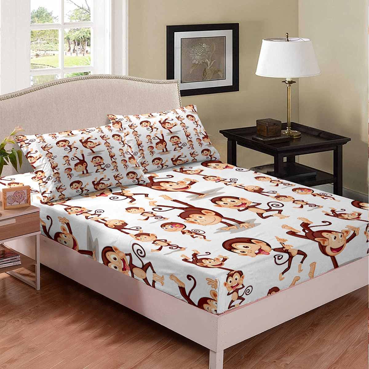 Feelyou Monkey Cartoon Animal Print Bed Sheet Set - Soft & Cute Monkey Themed Bedding for Kids (Twin Size, 1 Fitted Sheet + 1 Pillowcase) | Perfect for Boys & Girls Bedrooms, Nursery Decor, and Playroom Themes
