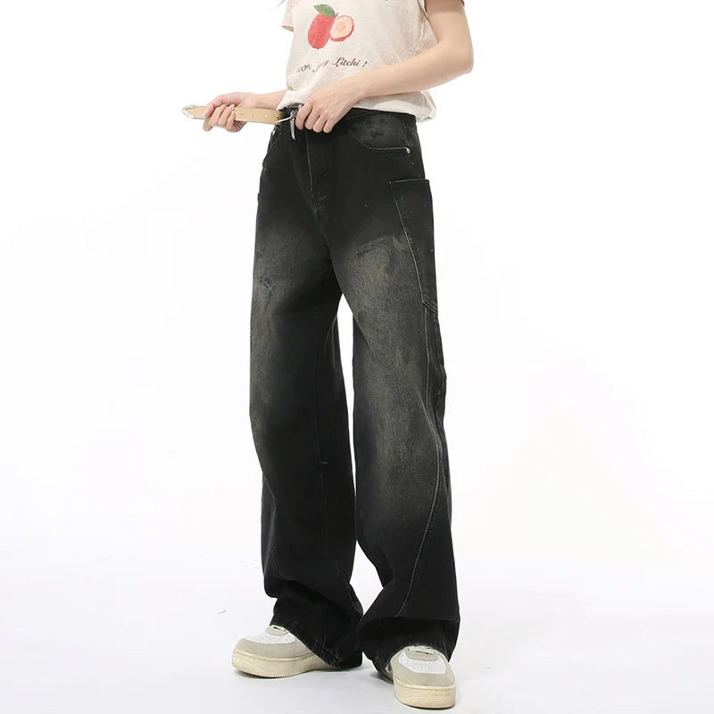 Trendy American Style Men's Denim Jeans - Casual Distressed Straight Wide Leg Loose Fit Pants with Spliced Deconstructed Details | Perfect for Streetwear, Everyday Wear & Fashion Outfits