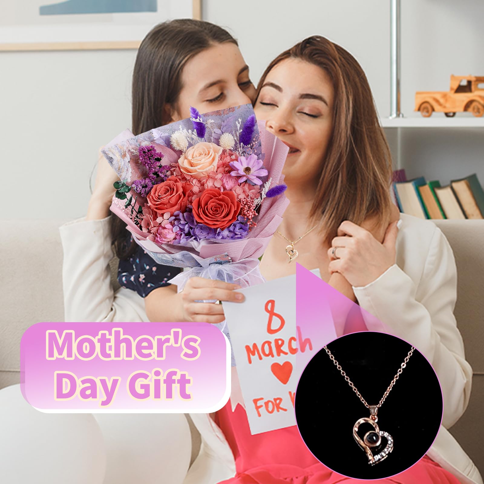 Eternal Preserved Rose Bouquet with Necklace - Fresh Cut Roses for Graduation, Mother's Day, Christmas & Valentine's Day Gifts | Long-Lasting Floral Arrangement for Special Occasions & Romantic Surprises