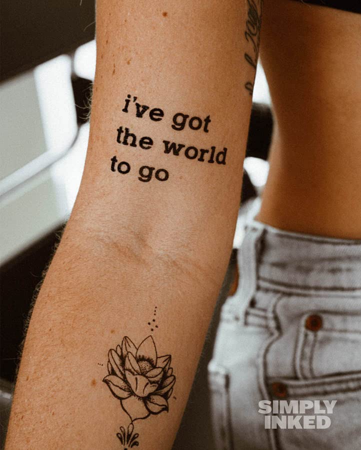 Simply Inked 'I've Got The World To Go' Temporary Tattoo - Inspirational Quote Design for Women, Men, Girls & Boys | Waterproof Fake Tattoo Sticker (2.5x4 Inch, Black, 2g) | Perfect for Parties, Festivals, Travel & Self-Expression