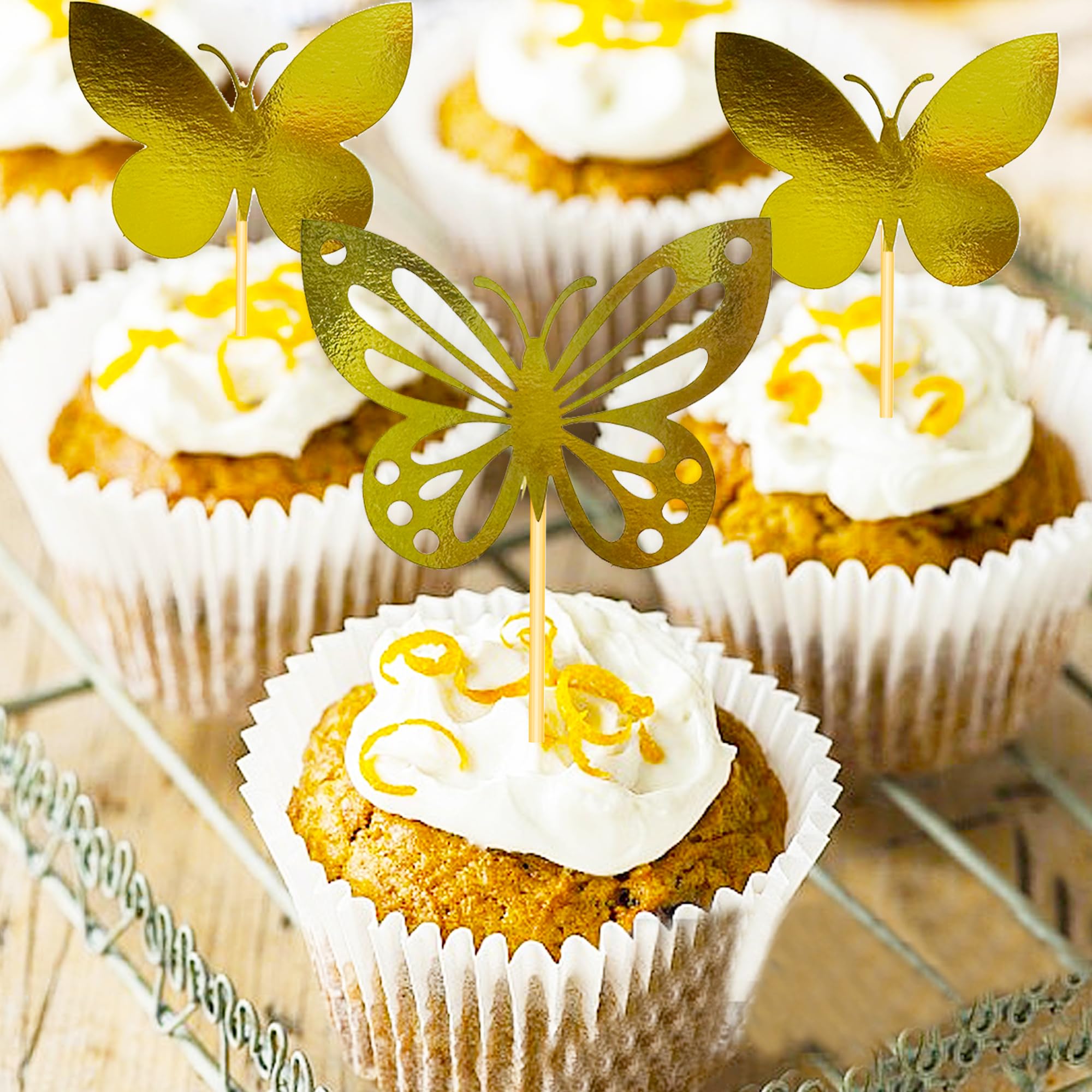 24-Pack Gold Butterfly Cupcake Toppers for Birthday Parties, Bridal Showers, Baby Showers & Weddings - Elegant Edible Cake Decorations for Girls & Women Celebrations