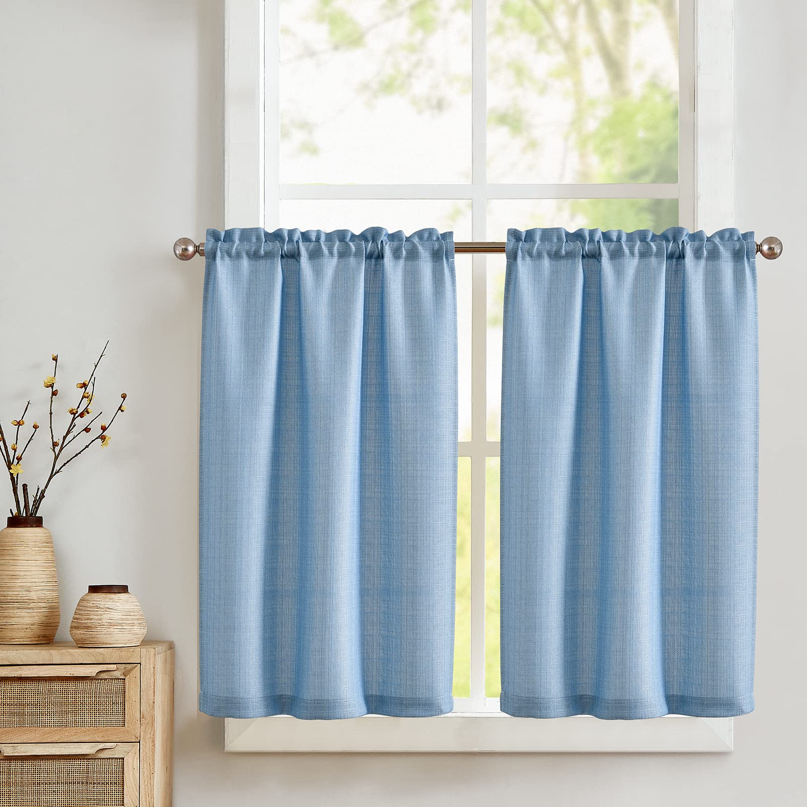COLLACT 24 Inch Linen Textured Tier Curtains - Light Filtering Rod Pocket Cafe Curtains Set of 2 Panels in Blue for Kitchen, Bathroom & Farmhouse Windows | Country Style Short Curtains for Natural Light & Privacy
