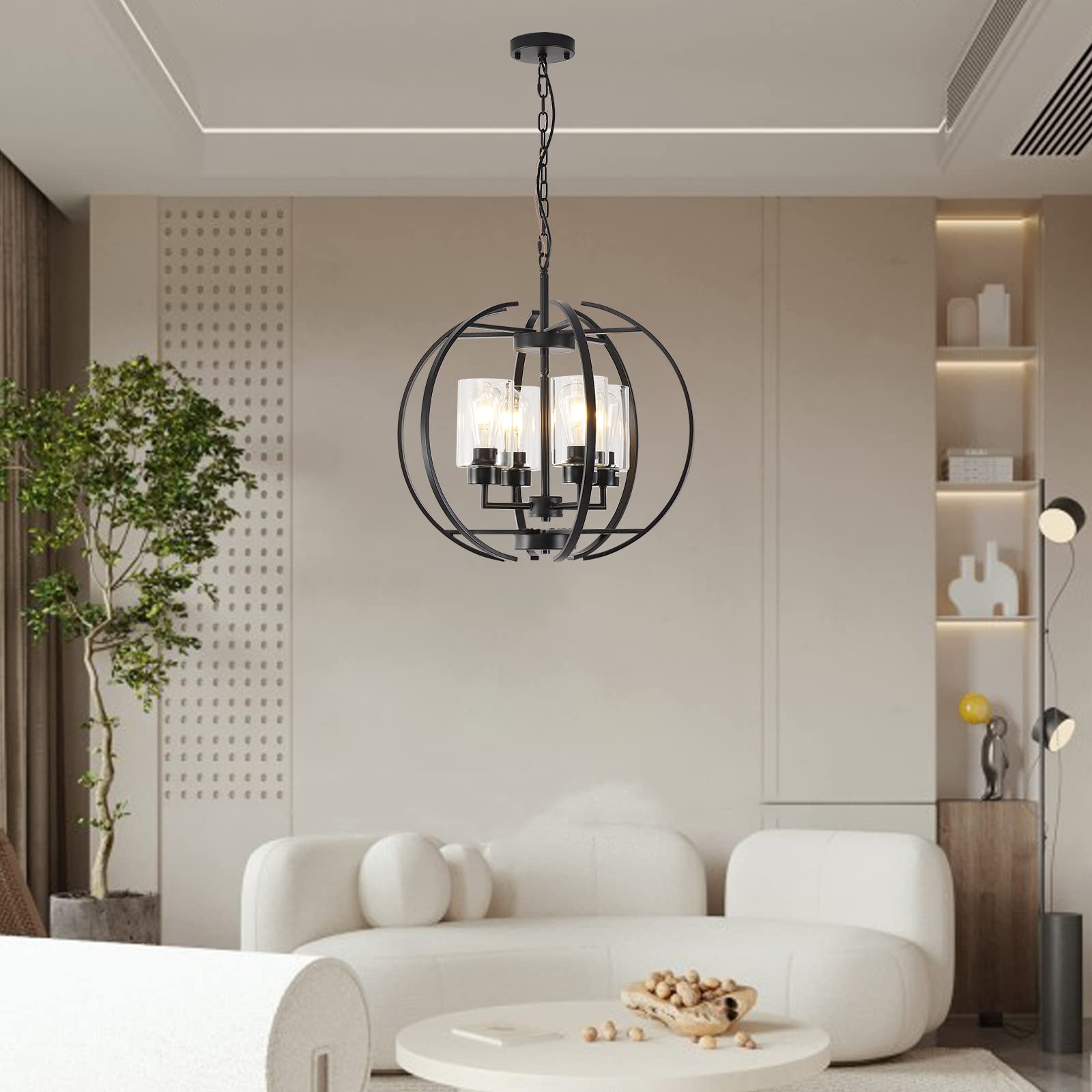 Black Chandelier Lighting with Clear Glass - 4-Light Farmhouse Ceiling Fixture for Dining Room & Kitchen | Elegant Hanging Light for Home Decor, Wedding Venues & Restaurants