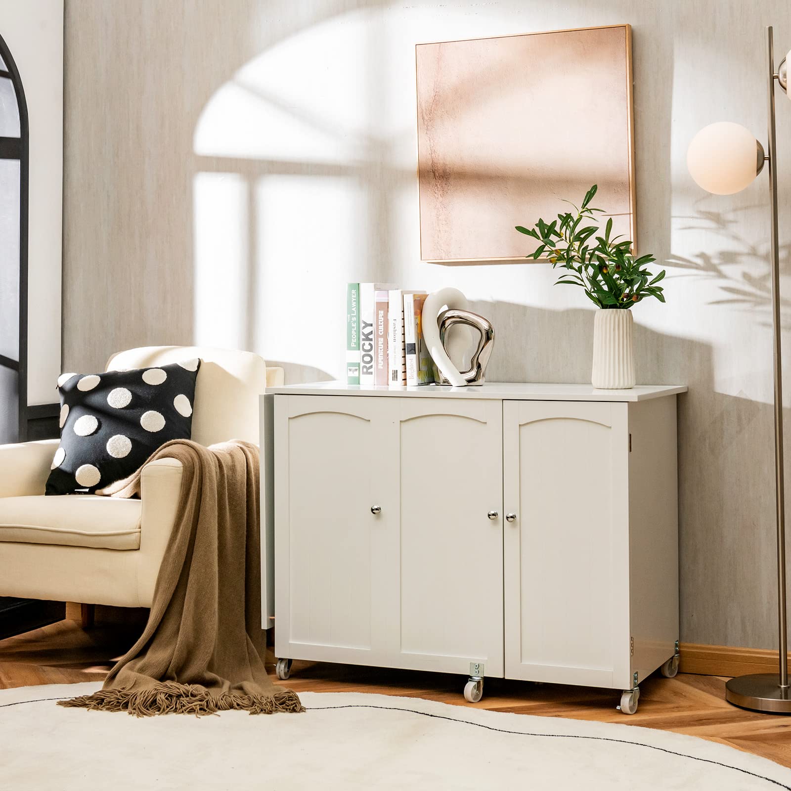 Giantex Folding Sewing Craft Table with 3 Storage Bins & Side Cabinet - Adjustable Rolling Sewing Machine Desk with Lockable Wheels & Interior Shelf - Perfect for Small Spaces, Apartments & Craft Rooms - White