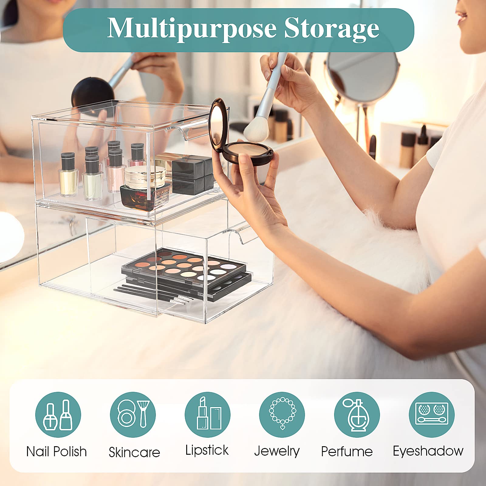 2 Pack Clear Acrylic Stackable Makeup Organizer with Handles - Plastic Storage Drawer for Vanity, Bathroom, Kitchen & Pantry - Perfect for Cosmetics, Jewelry & Small Item Organization