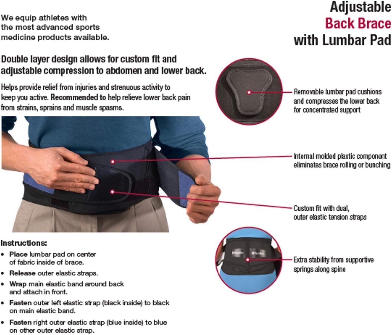 Mueller Adjustable Lumbar Back Brace with Removable Pad - Lower & Upper Back Pain Relief Support for Men & Women - Sciatica, Scoliosis Support - Black - Perfect for Office Work, Sports & Post-Surgery Recovery
