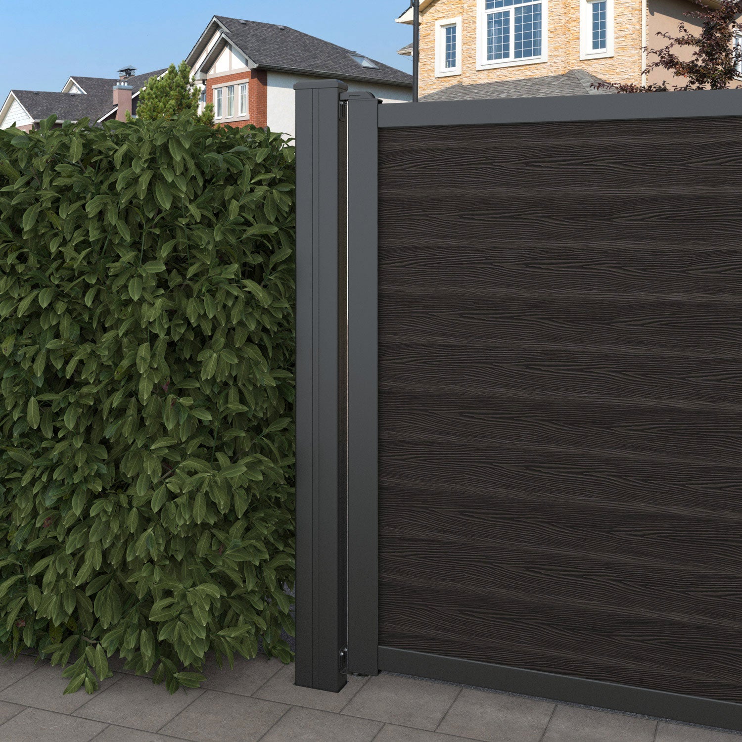 Classic Aspen Straight Top Driveway Gate - Dark Oak Finish with Decorative Top Screen | Perfect for Home Security & Curb Appeal Enhancement | Outdoor Driveway & Garden Fence Solution