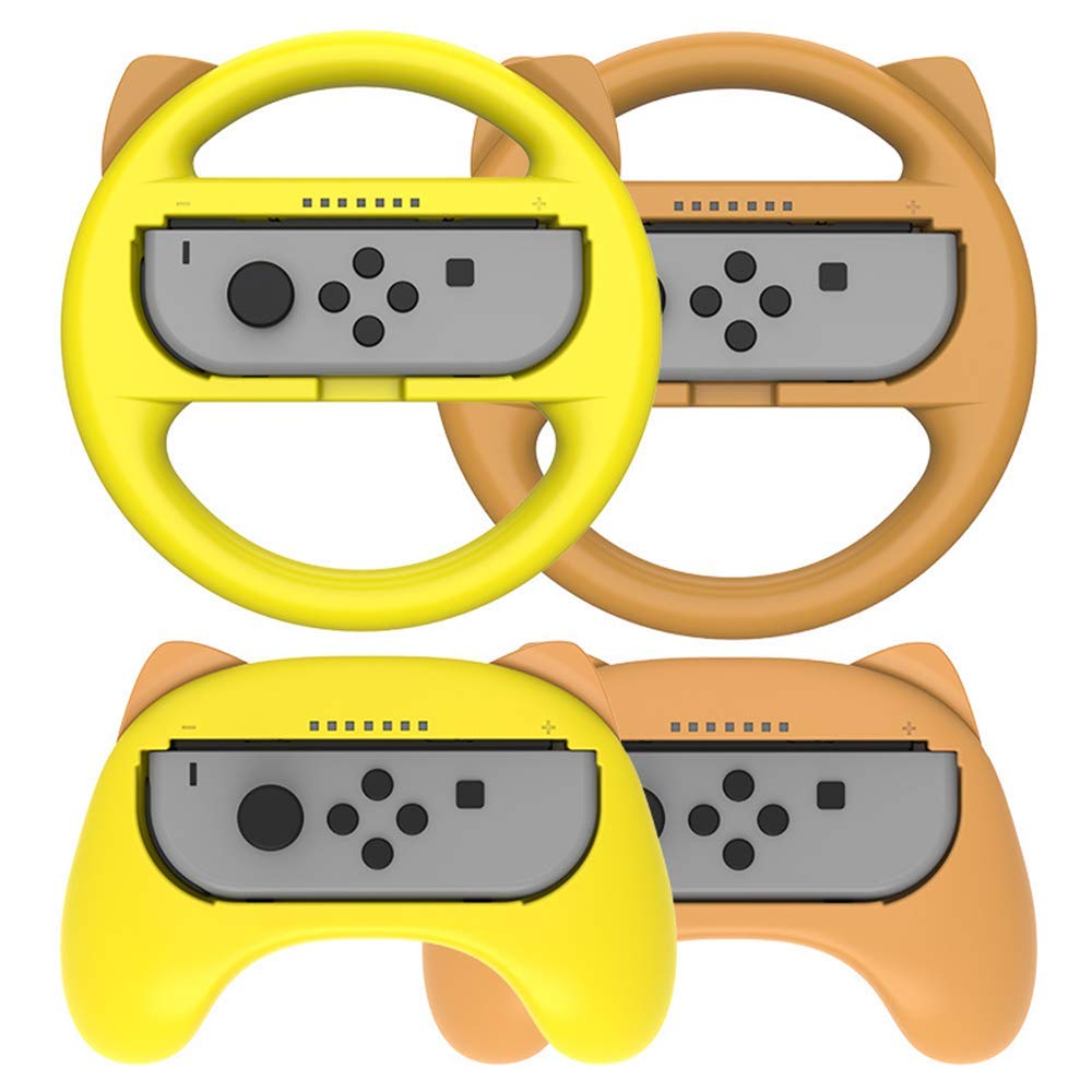 Ergonomic Nintendo Switch Joy-Con Steering Wheel Grip - 4 Pack Cute Cat Comfort Handle Kit for Racing Games (Brown & Yellow) - Lightweight Controller Accessories for Enhanced Gaming Experience | Perfect for Mario Kart, Family Game Nights & Competitive Play
