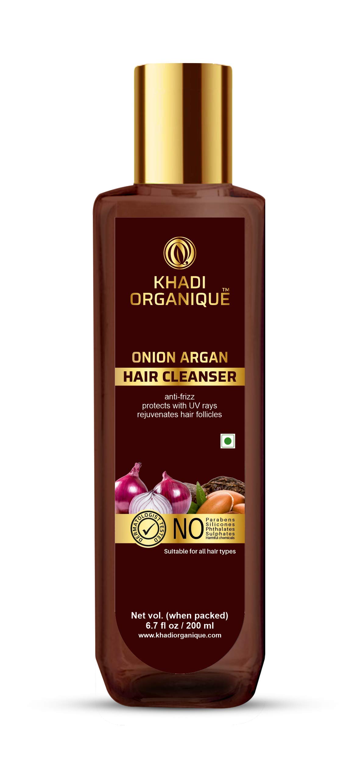 Khadi Organique Onion & Argan Oil Hair Cleanser - Anti-Frizz, UV Protection, Hair Follicle Rejuvenation - 200ml (Pack of 1) for Dry, Damaged Hair & Sun Exposure