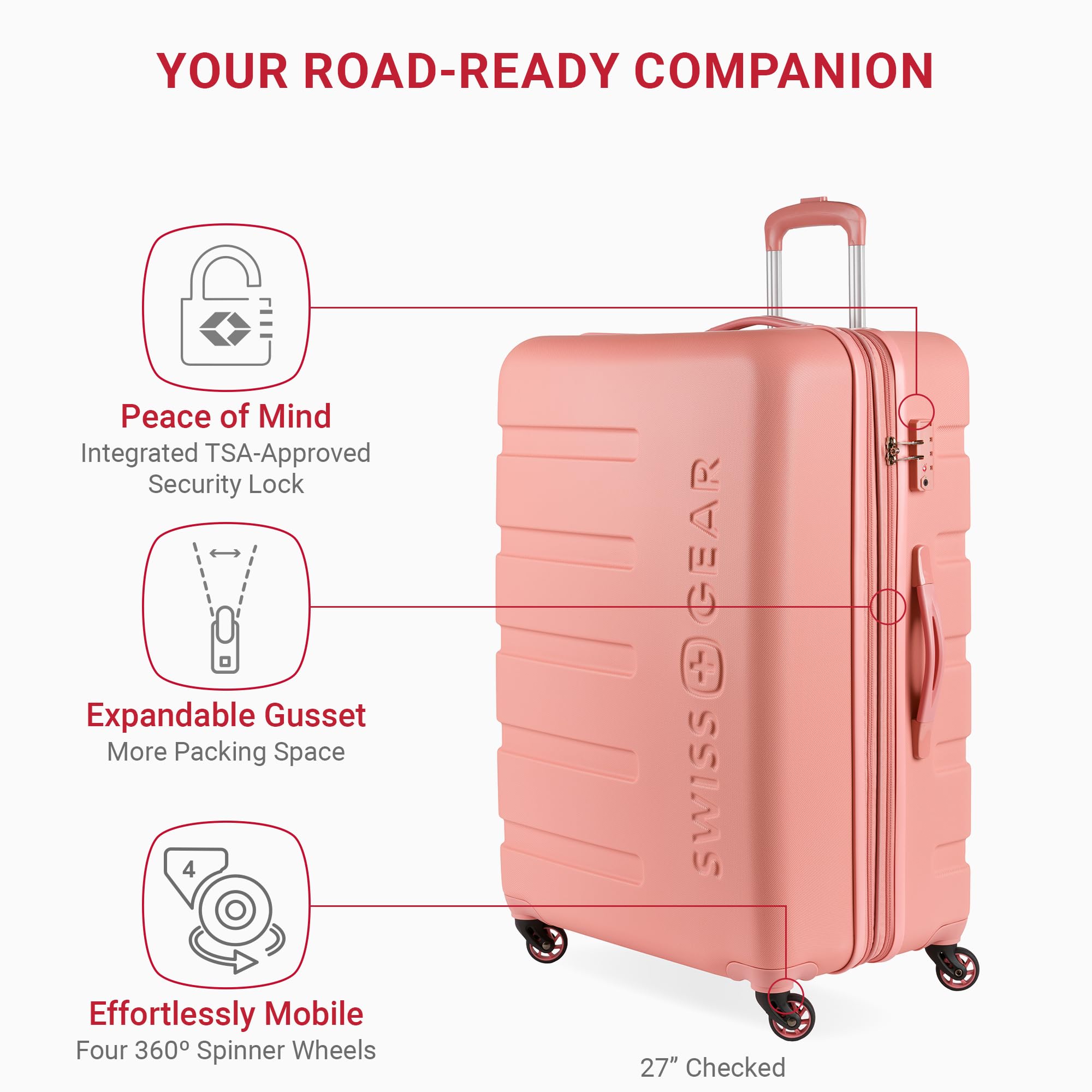 SwissGear 7366 Hardside Expandable Luggage Set with 360° Spinner Wheels, Coral Almond (19/23/27 Inch 3-Piece) - Perfect for International Travel, Business Trips & Family Vacations