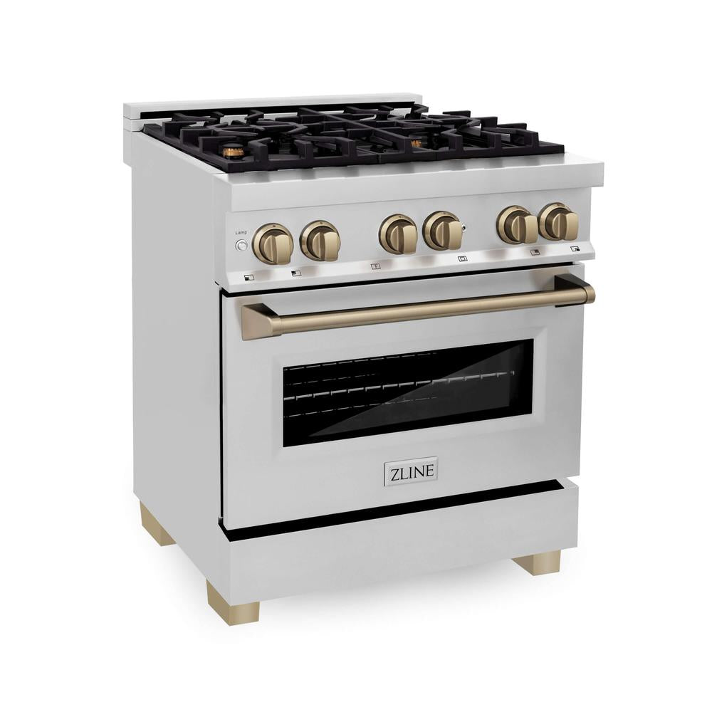 ZLINE Autograph Edition 30-inch Stainless Steel Dual Fuel Range & Range Hood Kitchen Package with Champagne Bronze Accents - Professional Gas Stove & Ventilation System for Home Chefs | Ideal for Modern Kitchens, Cooking Enthusiasts & Gourmet Meal Preparation