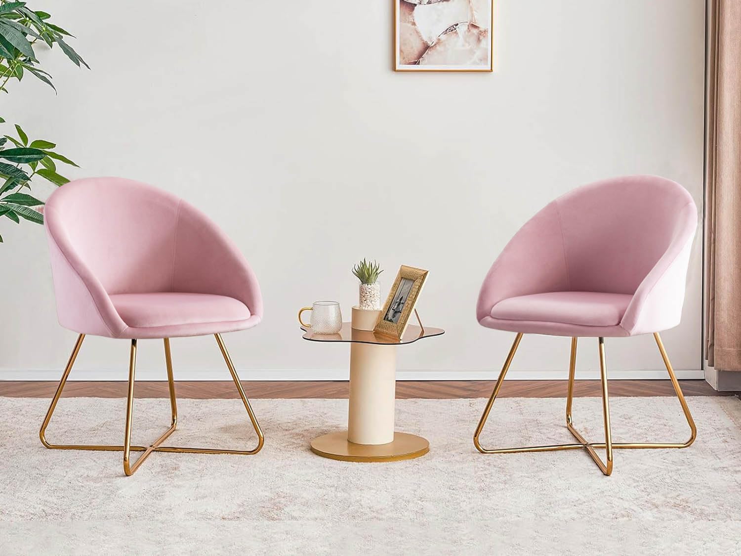 Velvet Accent Chair Set of 2 - Pink & Gold for Living Room, Bedroom