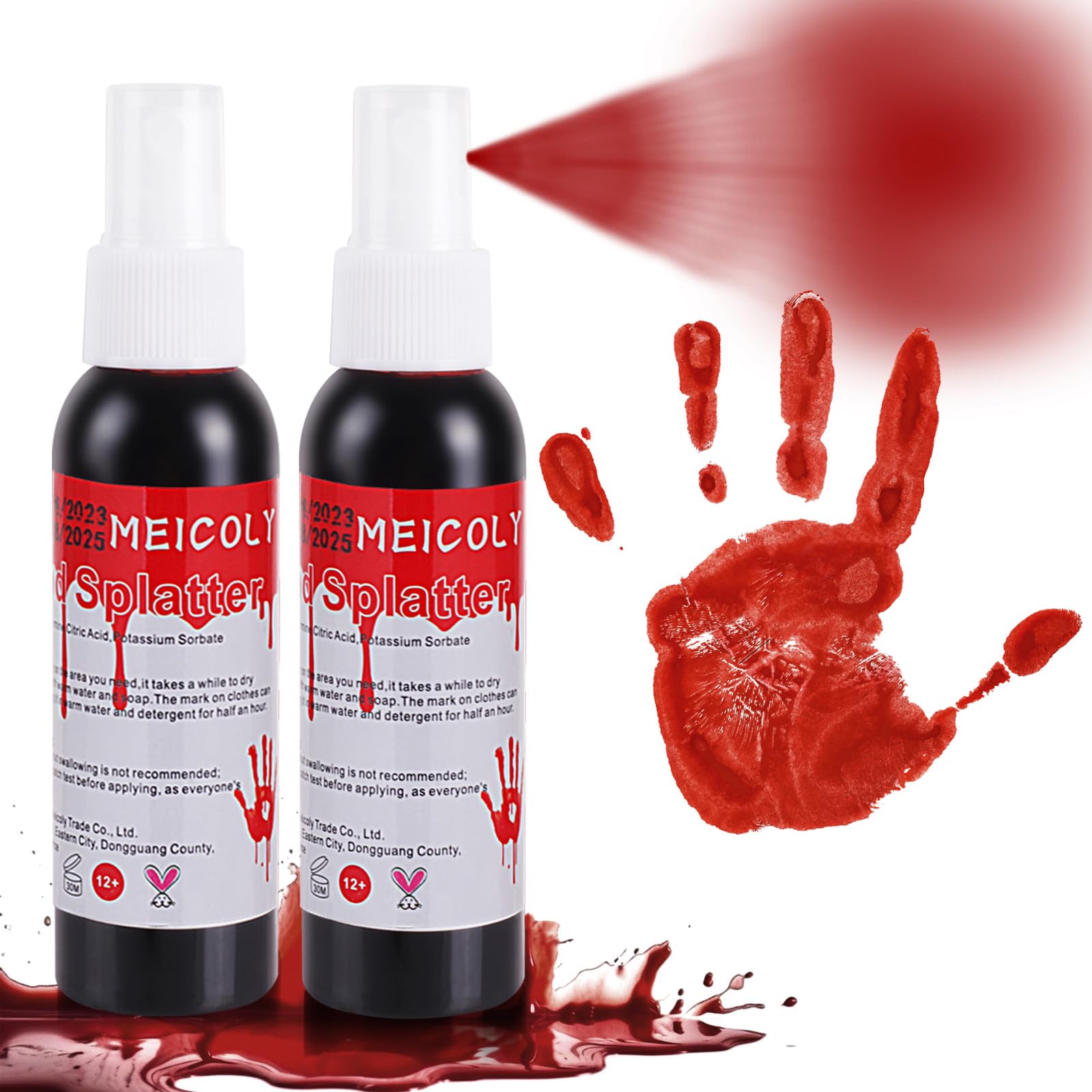 MEICOLY Fake Blood Spray - 2.1oz Halloween SFX Makeup Kit for Zombie, Vampire & Monster Costumes | Realistic Blood Splatter Effects for Clothes & Props | Dark Red Liquid Blood (2-Pack) - Perfect for Halloween Parties, Haunted Houses & Horror Movie Effects