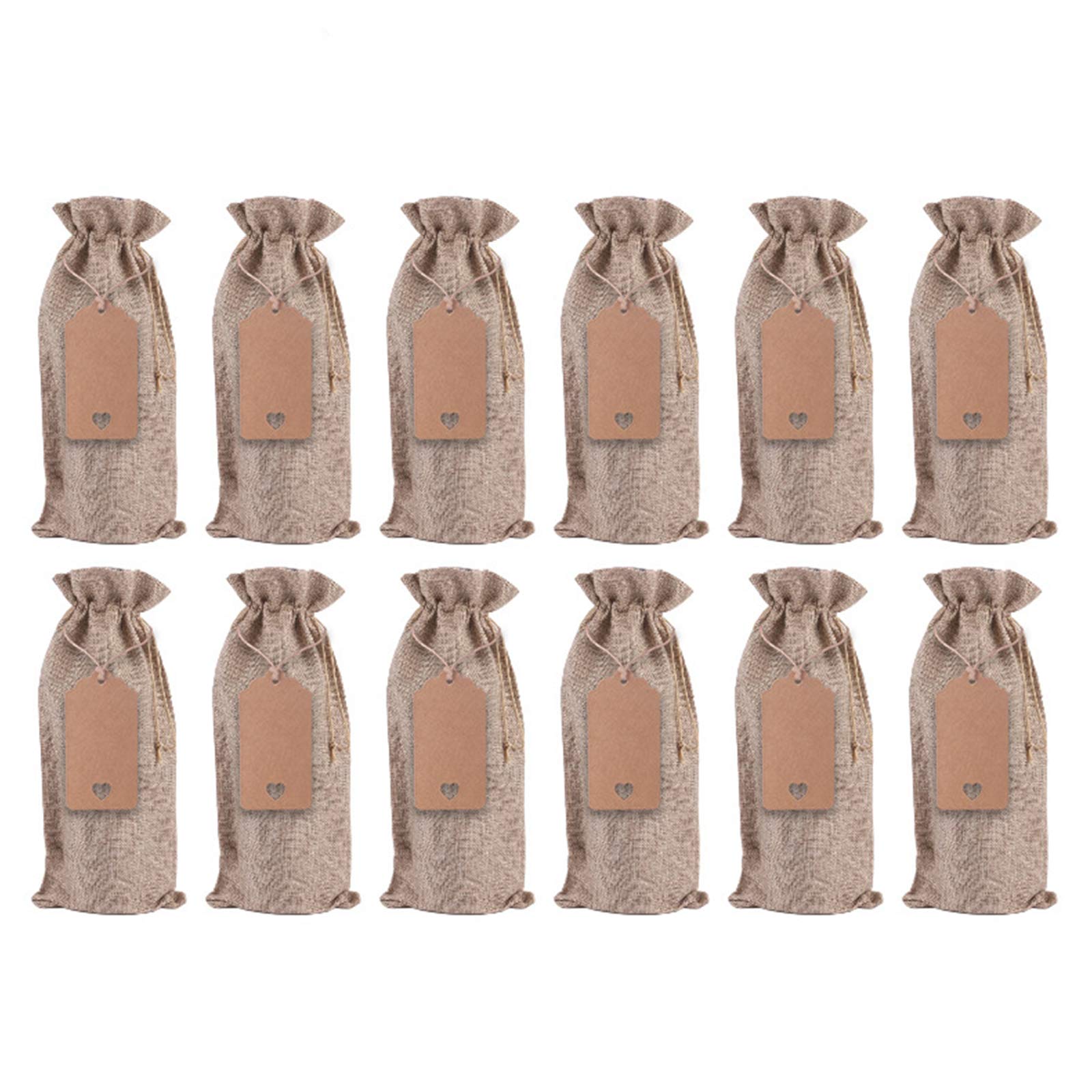 12 Pack Reusable Burlap Wine Gift Bags with Drawstrings & Gift Tags - Natural Wood Color Wine Bottle Covers for Christmas, Wedding, Birthday Gifts & Home Storage - Perfect for Wine Tastings, Party Favors & Thoughtful Presents