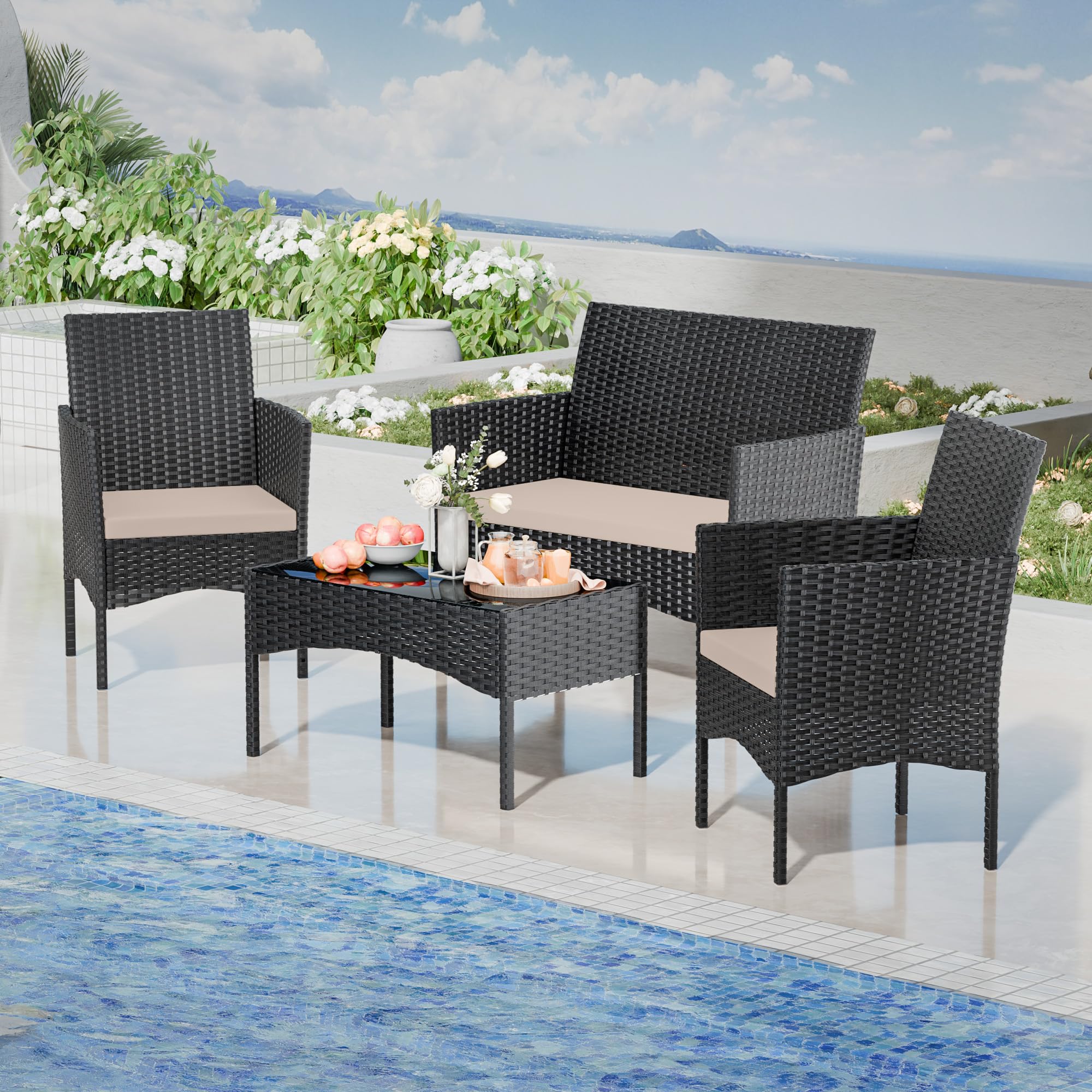 4-Piece Outdoor Patio Furniture Set - Rattan Wicker Conversation Set with Glass Table - Perfect for Porch, Pool, Backyard, Lawn, Garden & Beach Relaxation